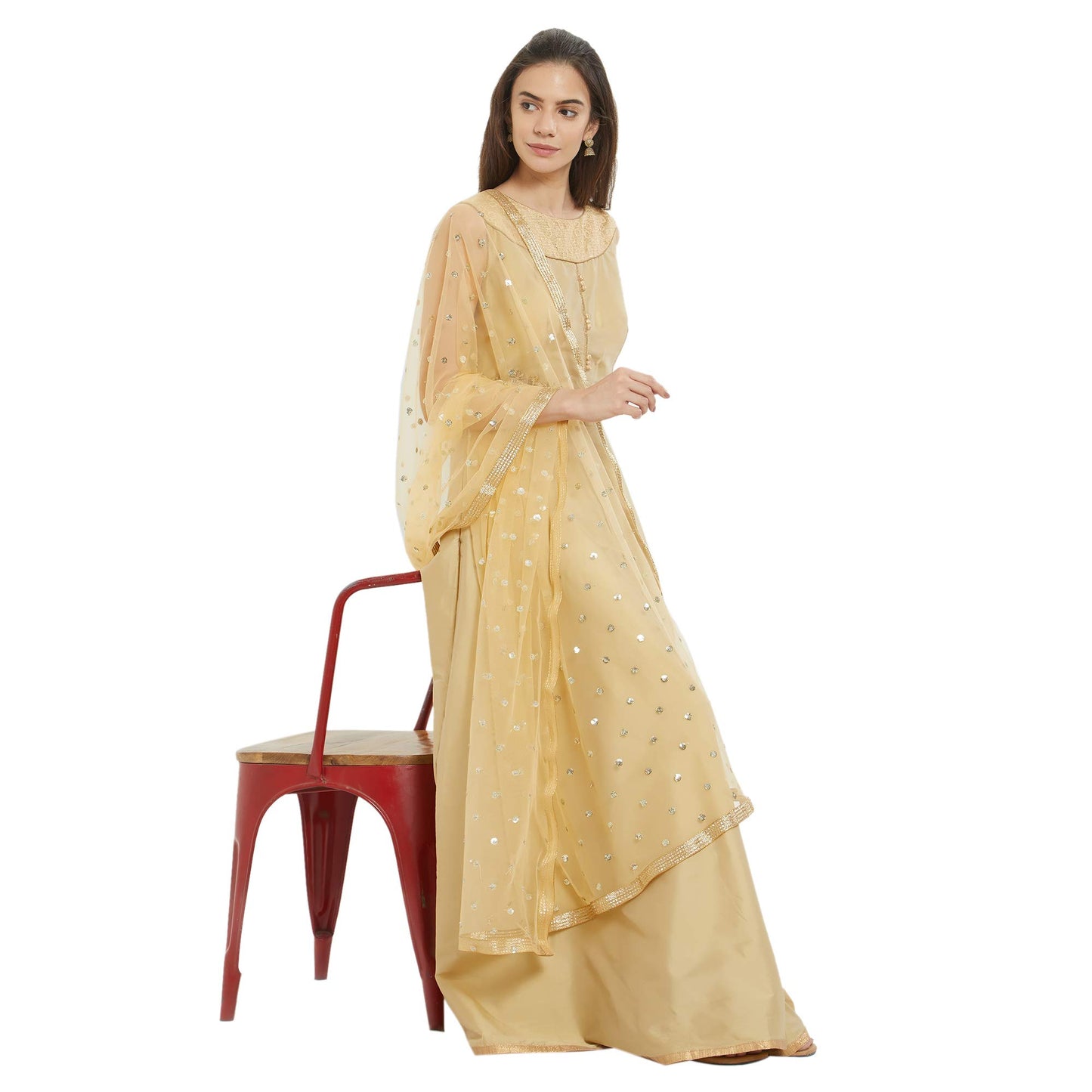 DUPATTA BAZAAR Woman's Embellished Beige Net Dupatta