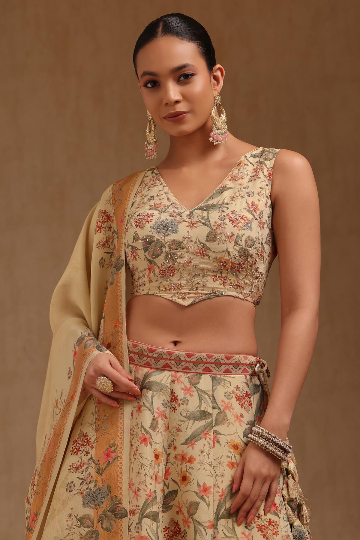 Soch Womens Beige Tissue Botanical Print Ghagra Choli With Thread Work