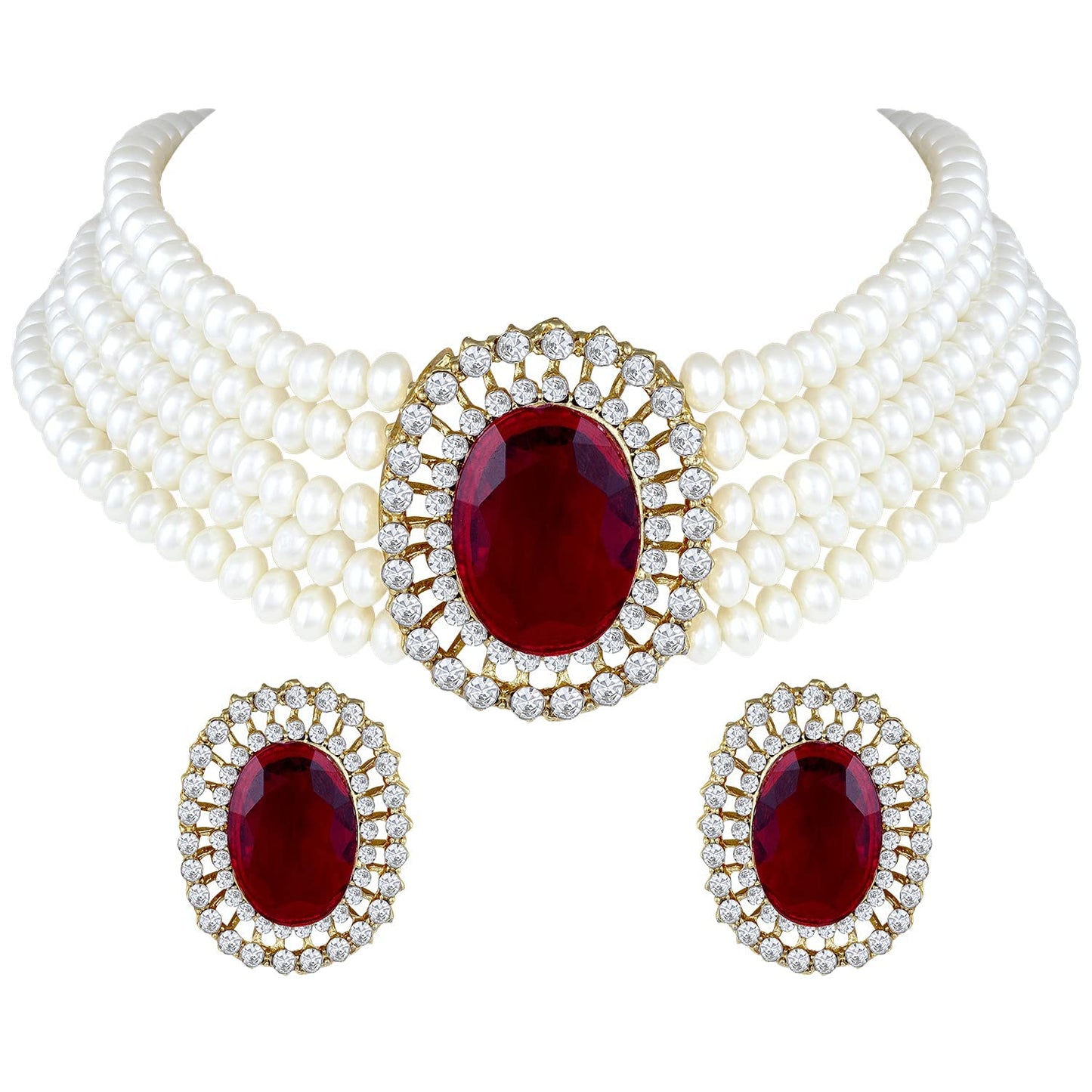 I Jewels Gold Plated Traditional Stone Studded Pearl Choker Necklace Jewellery Set For Women/Girls (ML316M)