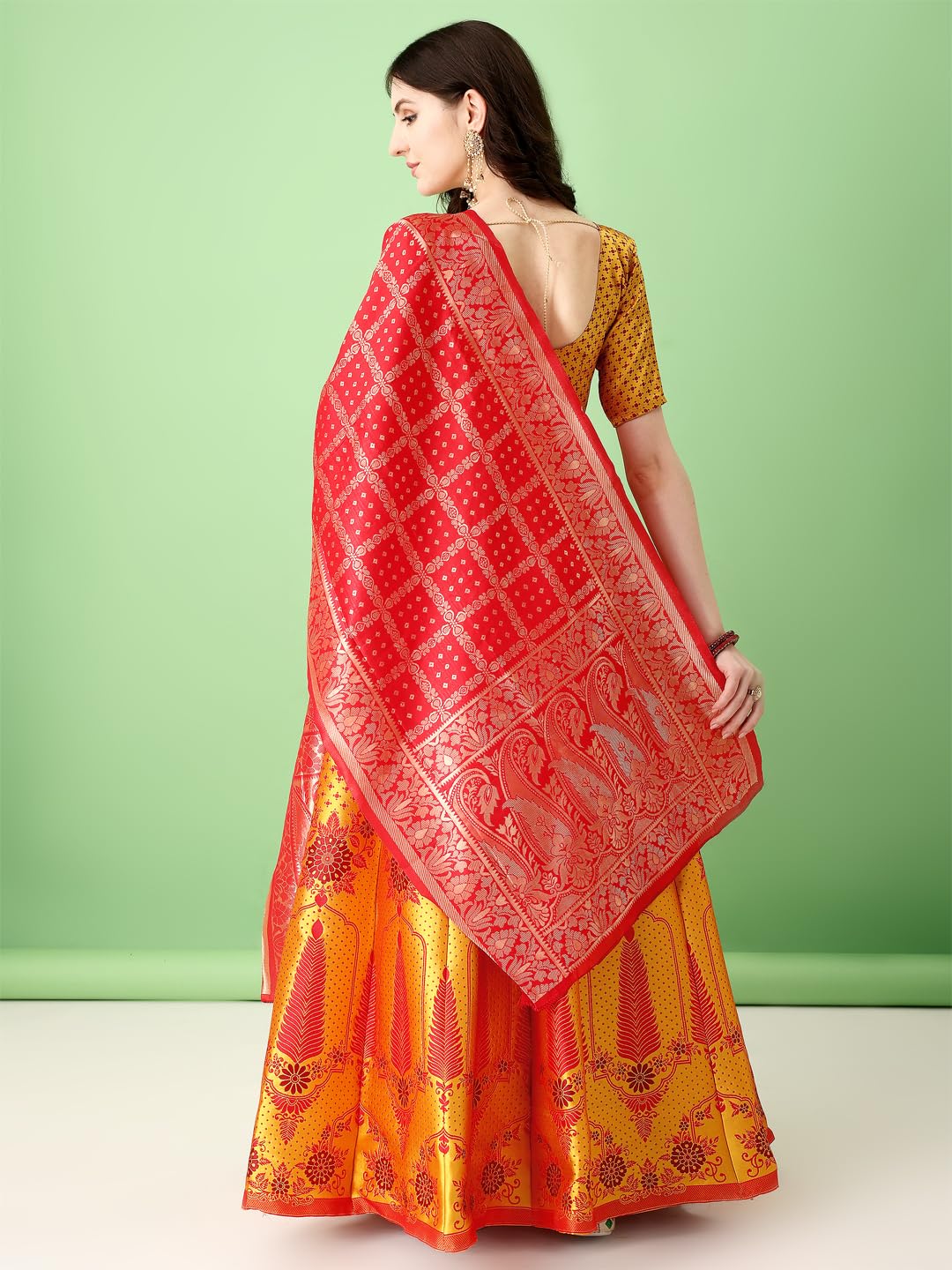 SWAMI STUDIO Womens Banarasi Silk Readymade Lehenga Choli (GOLD), FREE
