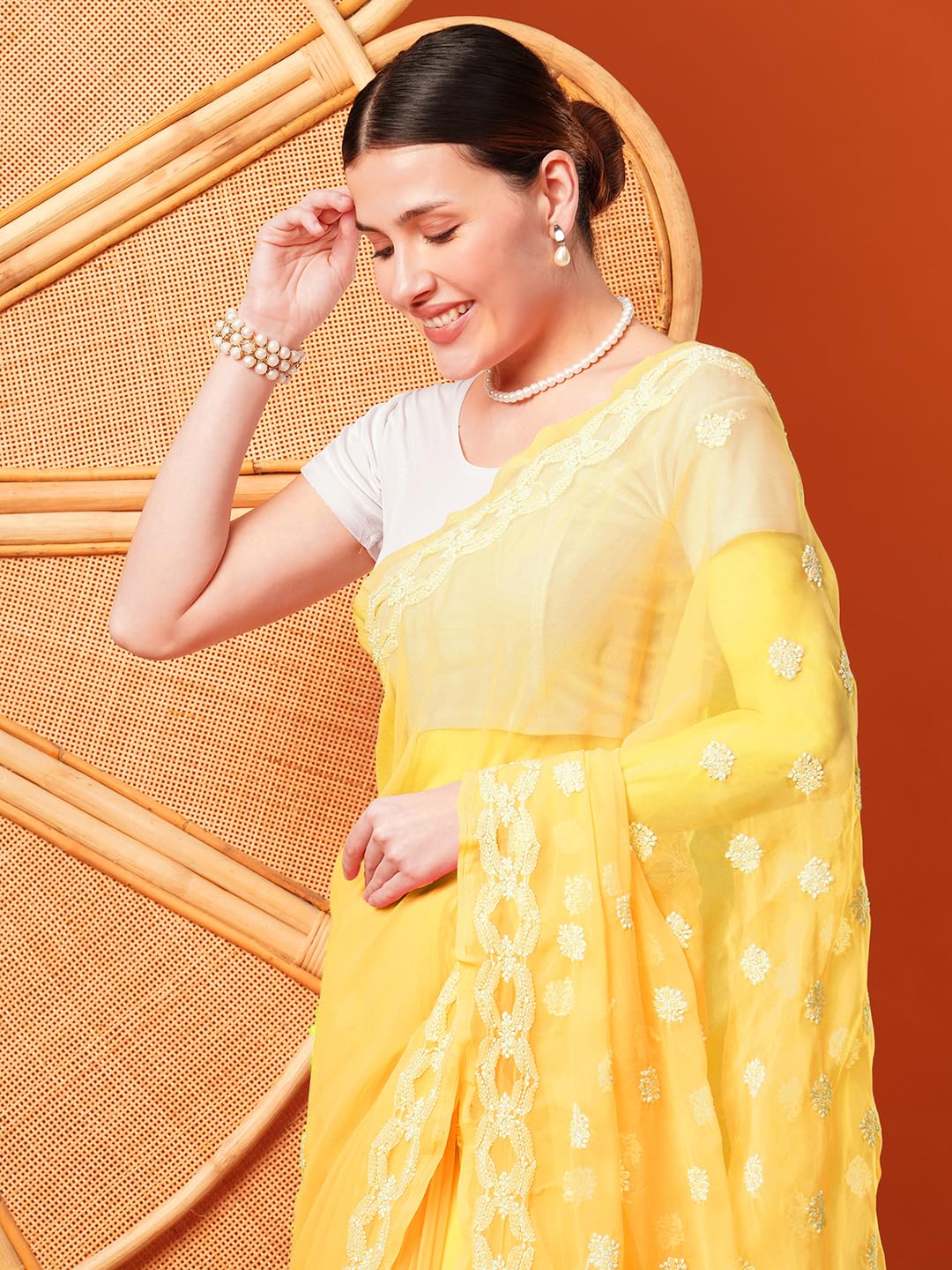 Ada Women Hand Embroidered Lucknowi Chikankari Georgette Saree With Unstitched Blouse Piece A129556, Yellow