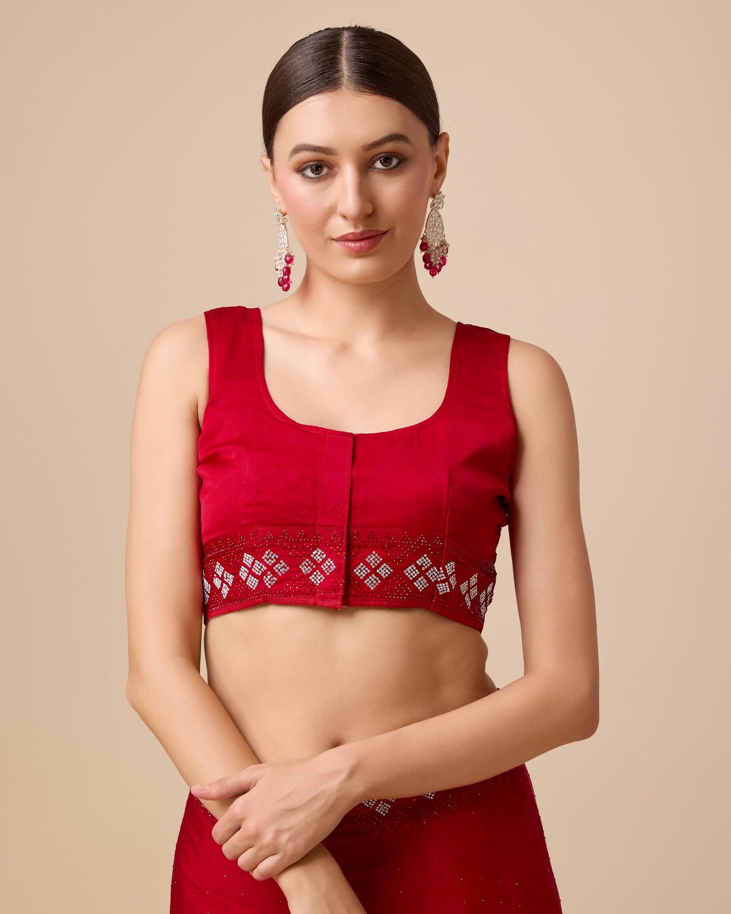 Monjolika Fashion Women's Satin Silk Saree in Red Color with Pearl Swarovski Stone work Comes With Unstitched Blouse Piece