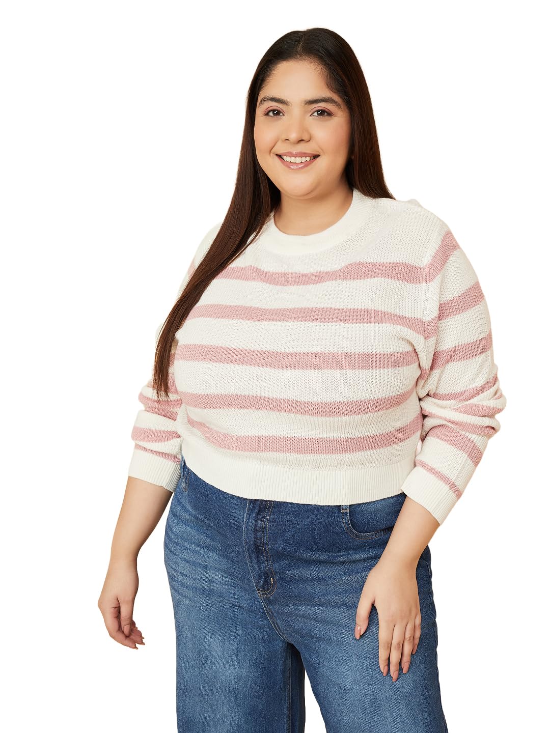 Max Women Striped Sweater (Off White_3XL)