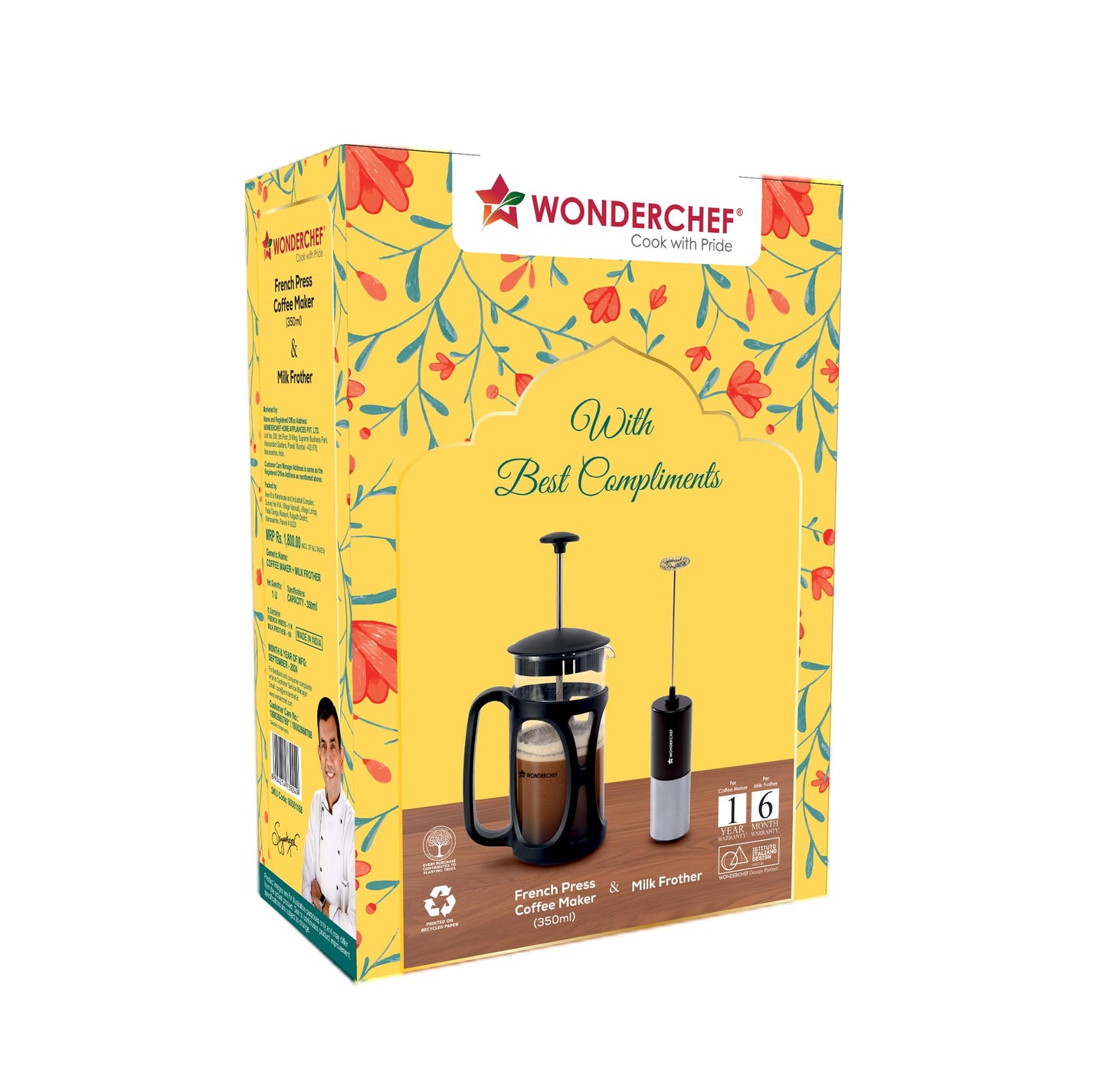 Wonderchef French Press Coffee Maker & Milk Frother Gift Combo | Brew in 3 Mins | Heat Resistant Borosilicate Glass Carafe | Battery-Operated Frother for Coffee, Hot Chocolate, etc.