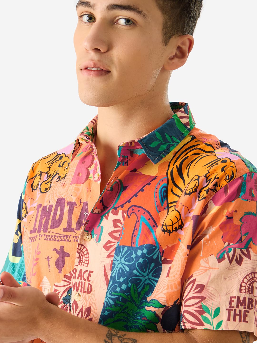 The Souled Store Official Jungle Book: Indie Print Short Sleeve Collared Button Down Regular Fit Cotton Summer Shirts for Men & Boys Multicolour
