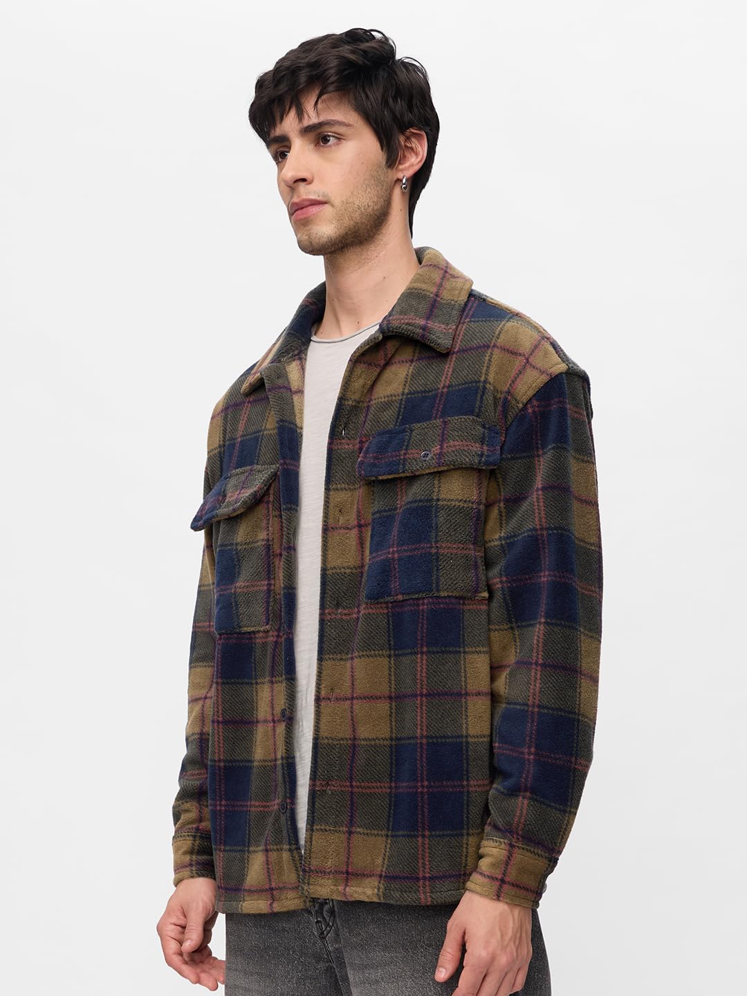 The Souled Store Plaid Shacket: Mustard Men and Boys Long Sleeves Collared Neck Button Front Cotton Oversized Shackets