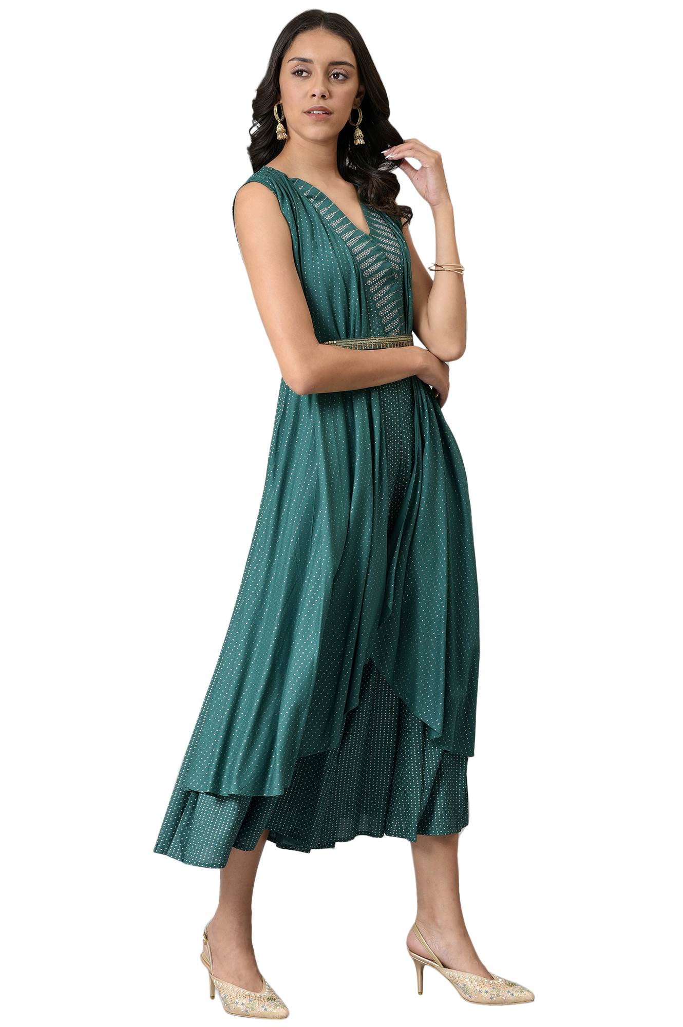 W For Woman Dark Green Floral Printed Glitter Metallic Embroidered Culotte Jumpsuit