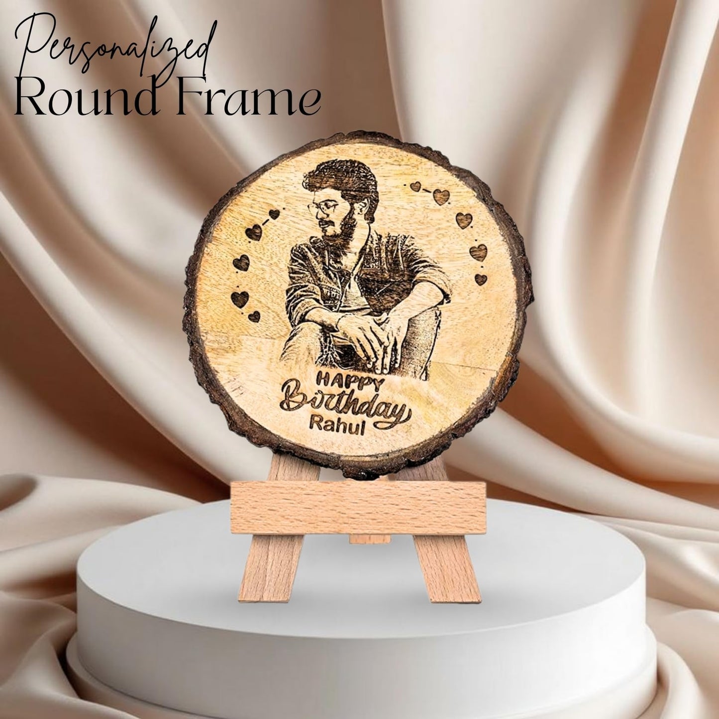 Giftanna Customize Engraved Natural Slice Wooden Round Photo Frame, Personalized Photo Gift For Birthday, Wedding, Real Wood Plaque With Wood Stand, Tabletop_ 5.5X5.5 Inches