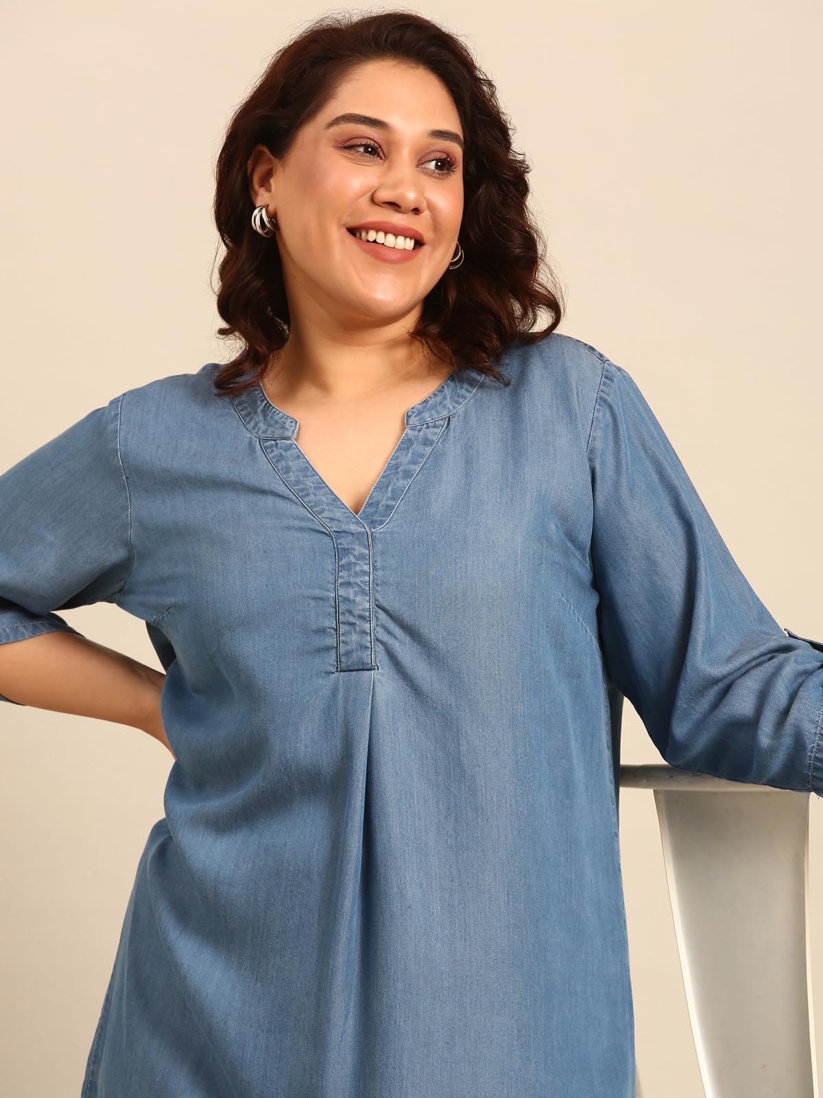 The Pink Moon Women's Midi A-Line Plus Size Denim Dress - (DRS_NIM18_Tencel_Blue_3XL)