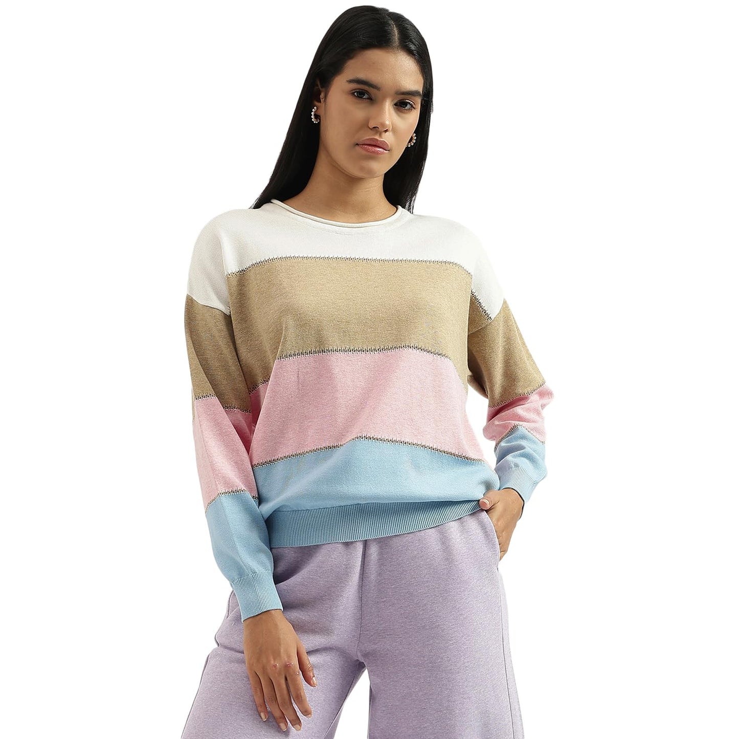 United Colors of Benetton Round Neck Colorblock Top (Size: L)-24A1LURCB704I901 Multicolour