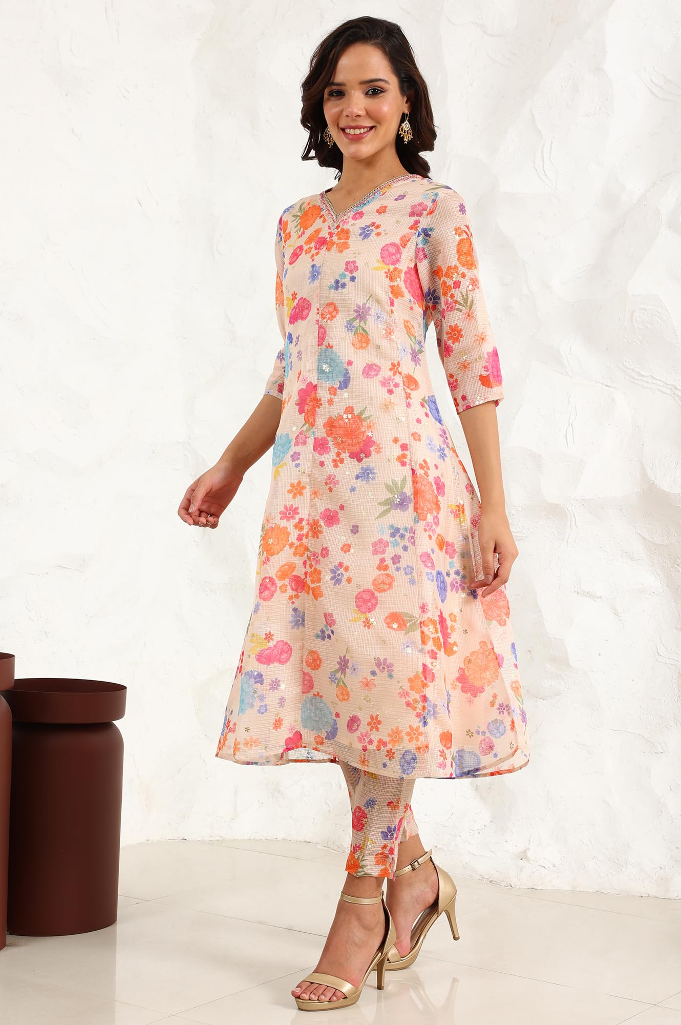 W for Woman Cream Floral Printed Sequined Kota Flared Kurta, Pants and Dupatta Set