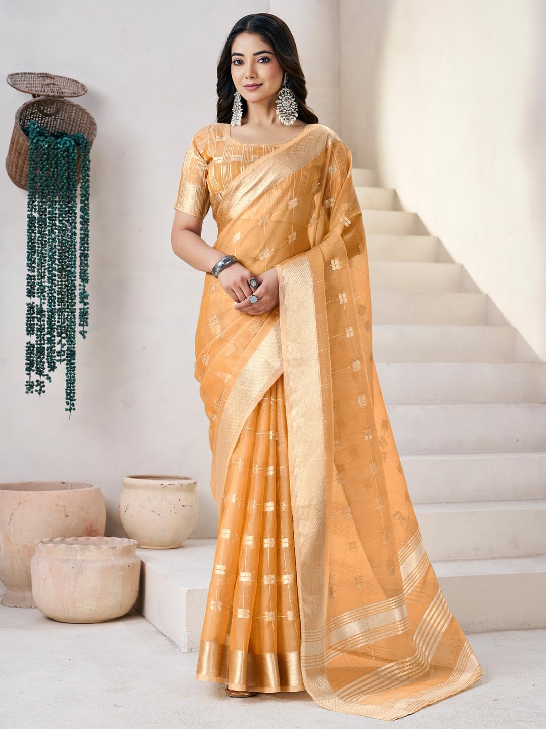 AKHILAM Women's Yellow Linen Zari butta Woven Design Saree With Unstitched Blouse Piece | saree for woman | Designer Saree for Women | Soft and Skin Friendly (PRERNA2204_SF)