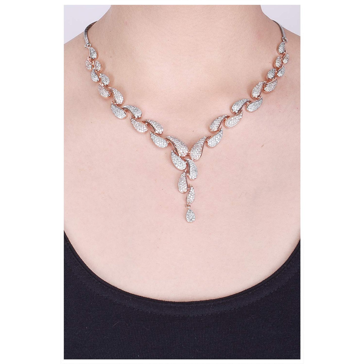 Ratnavali Jewels American Diamond CZ Rose Gold Plated Designer Jewellery Set/Necklace Set with Chain & Earring for Girls/Women (RV3382RG)