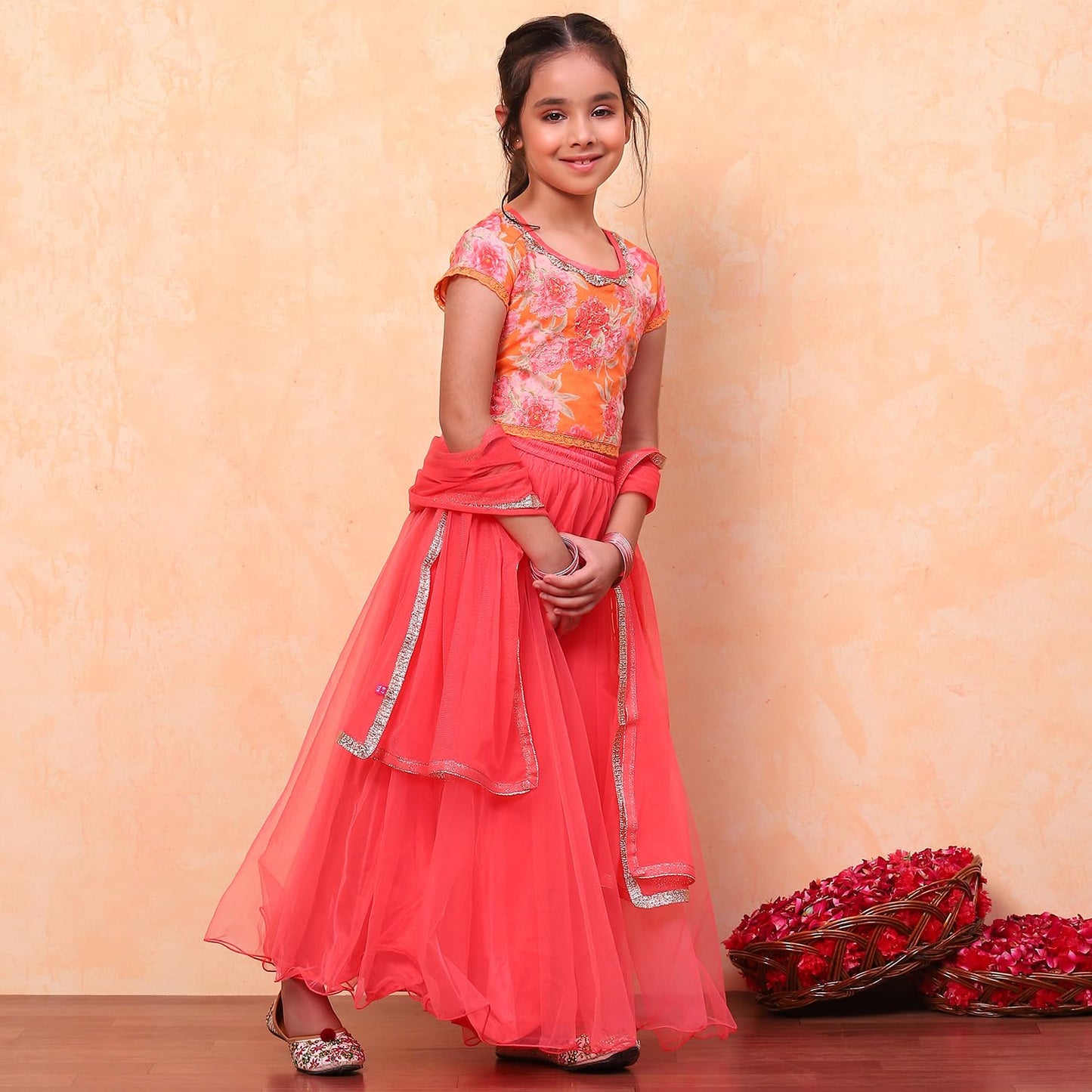 Biba Girls Orange Flared Cotton Printed Lehenga Choli set