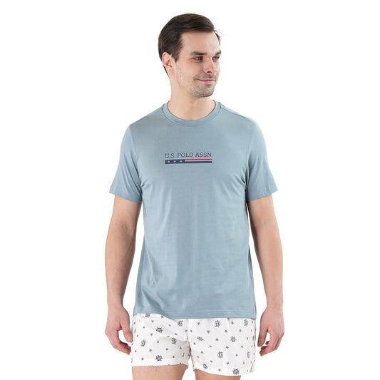 U.S. POLO ASSN. Men Cotton Crew Neck Brand Print Le001 Lounge Regular Fit T-Shirt-Pack of 1 (Lead Large), Light Blue