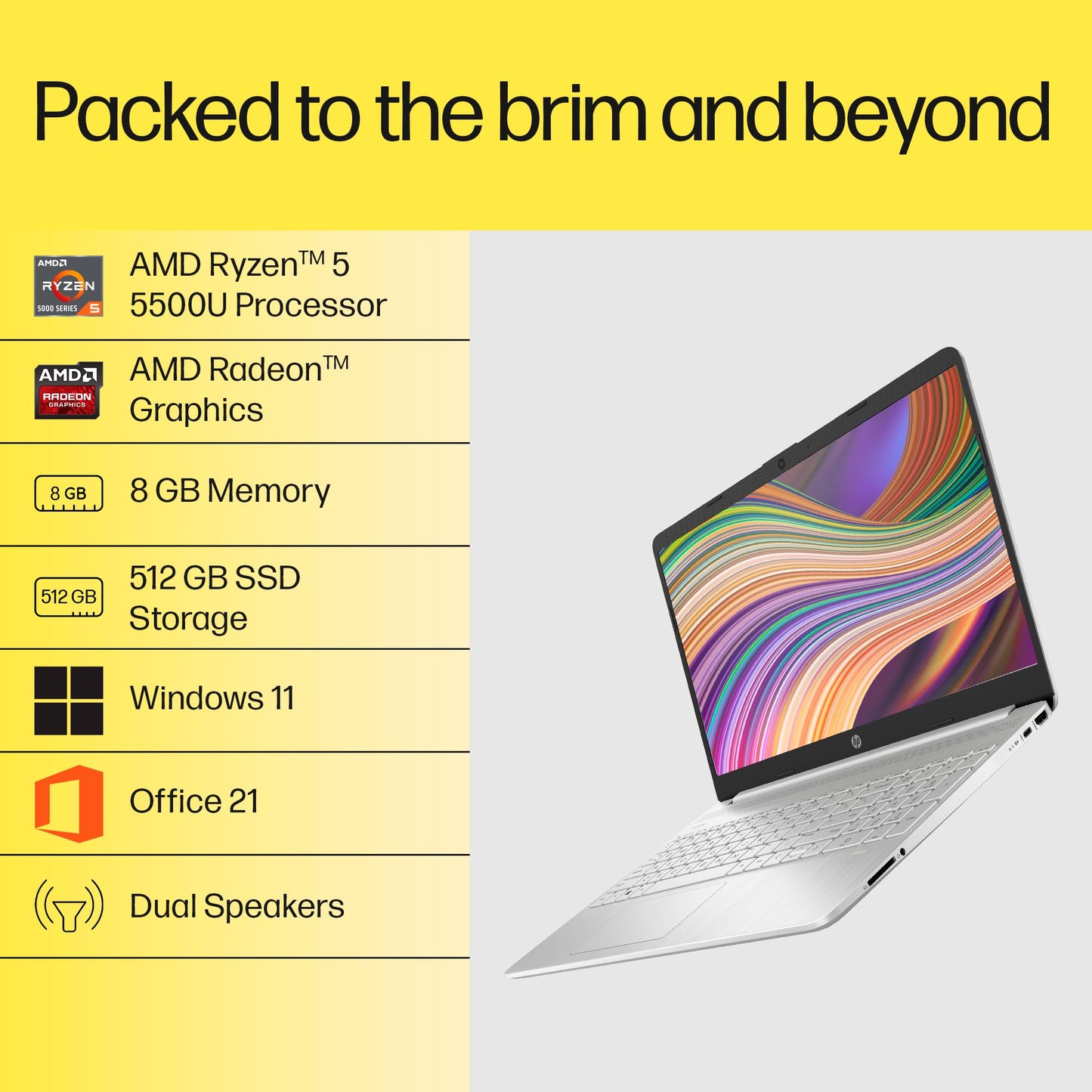 HP Laptop 15s, AMD Ryzen 5 5500U, 15.6-inch (39.6 cm), FHD, 8GB DDR4, 512GB SSD, AMD Radeon Graphics, Thin & Light, Dual Speakers (Win 11, MSO 2019, Silver, 1.69 kg), eq2144AU