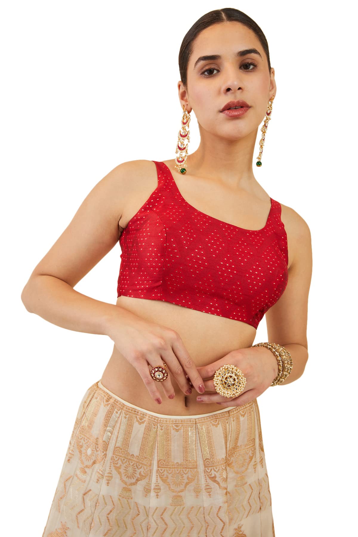 Soch Women Red Art Silk Sleeveless Blouse with Zari Woven Patterns(Red_34)