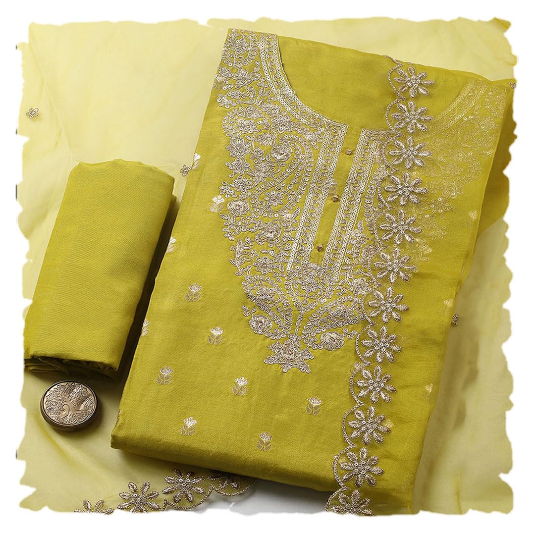 Meena Bazaar Green Embroidered Chanderi Unstitched Suit With Pant & Dupatta