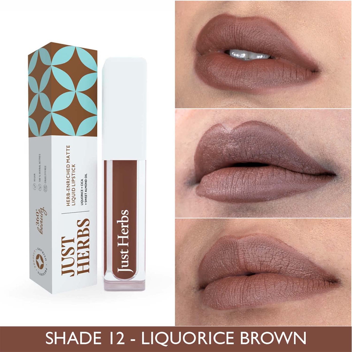 Just Herbs Ayurvedic Creamy Matte Long Lasting Liquid Lipstick, Lightweight & Hydrating Lip Colour with Liquorice & Sweet Almond Oil - Liquorice Brown