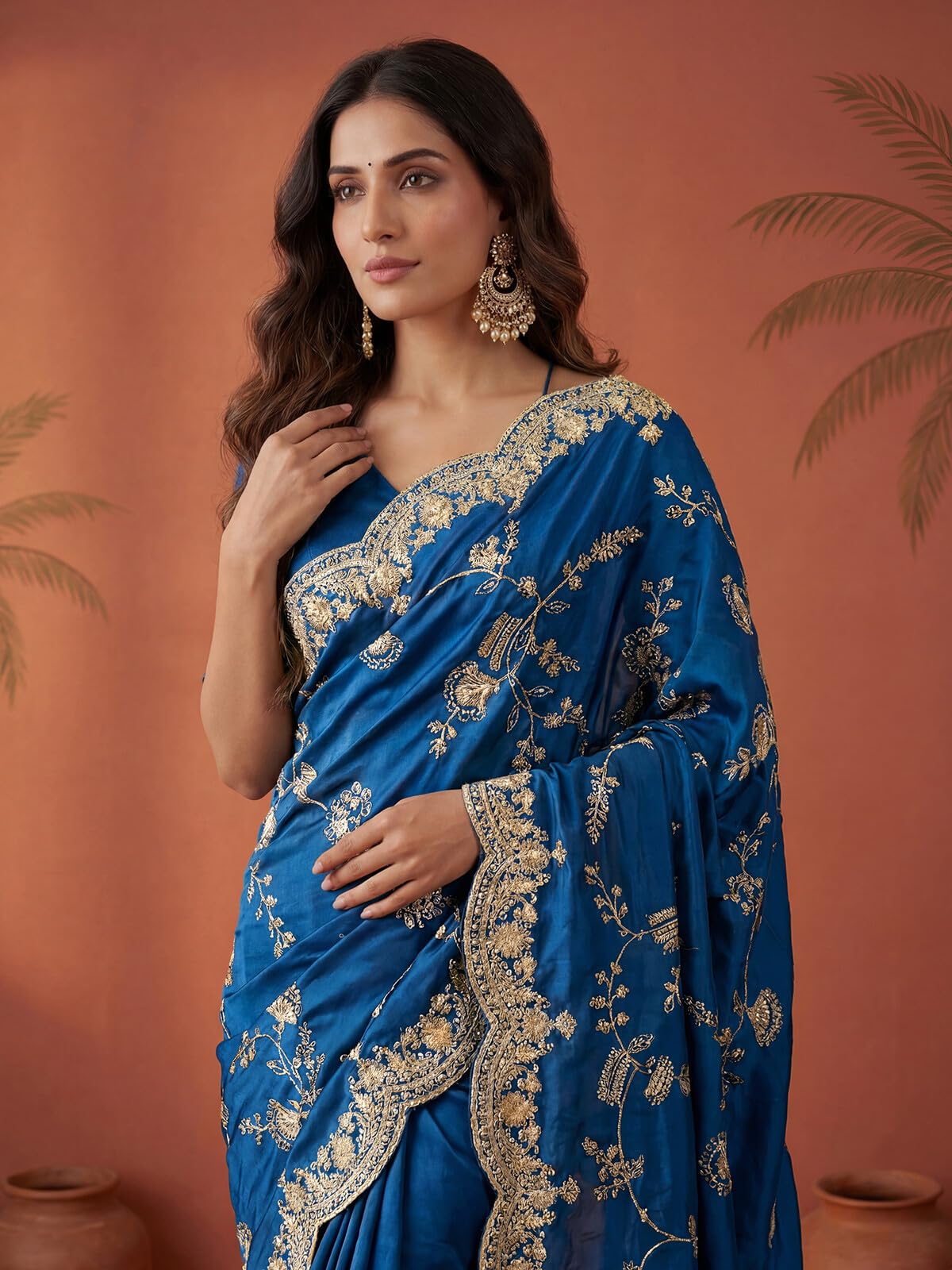 SIRIL Women's Satin Scalloped Border Embellished Sequins Embroidery Saree with Unstitched Blouse Piece (4858S171A_Teal Blue)