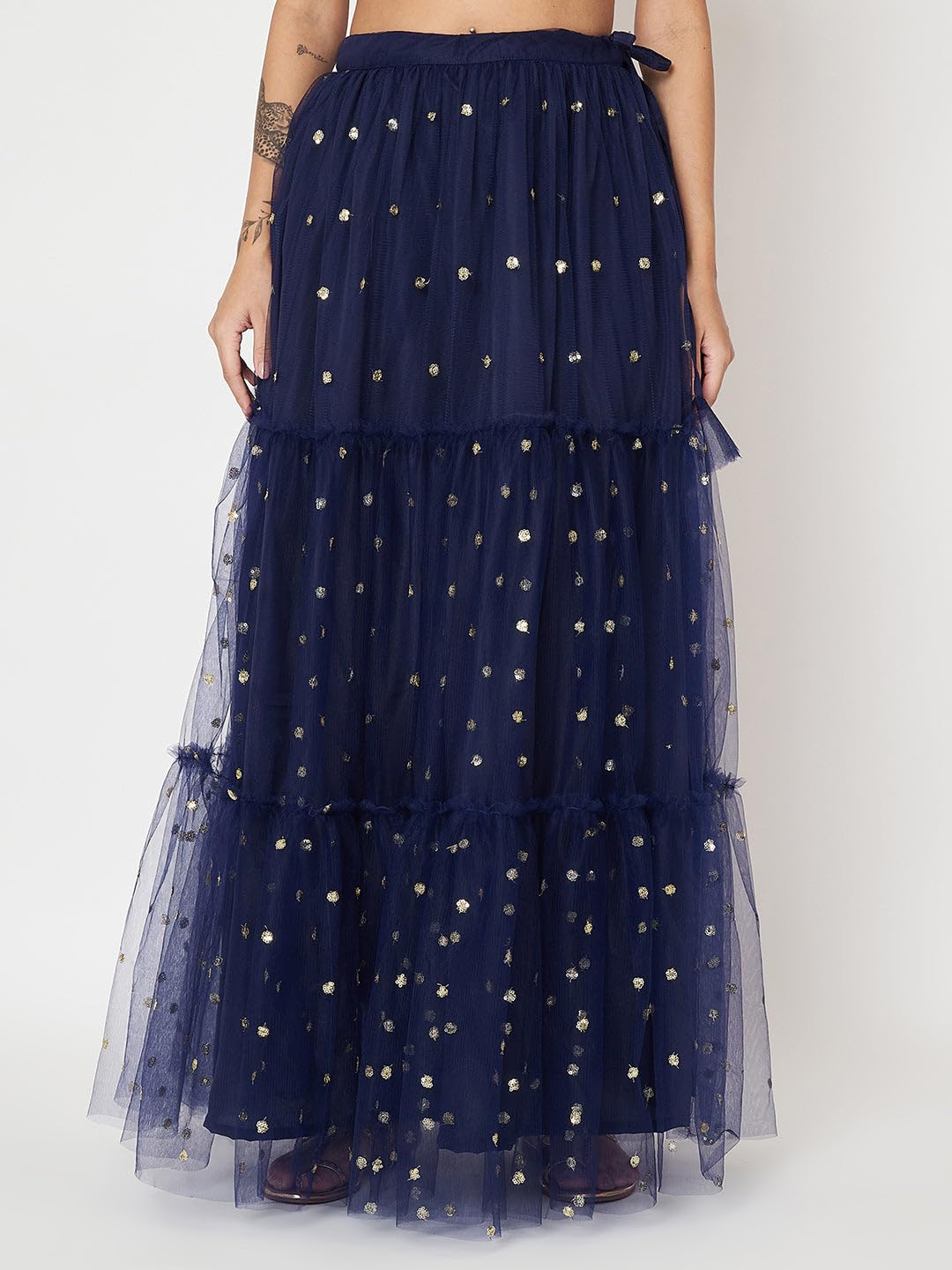 studio rasa Women's Net Sequin Embroidered Tiered Lehenga Set for Wedding Festive Party (LHSC52402XL_Navy_X-Large)
