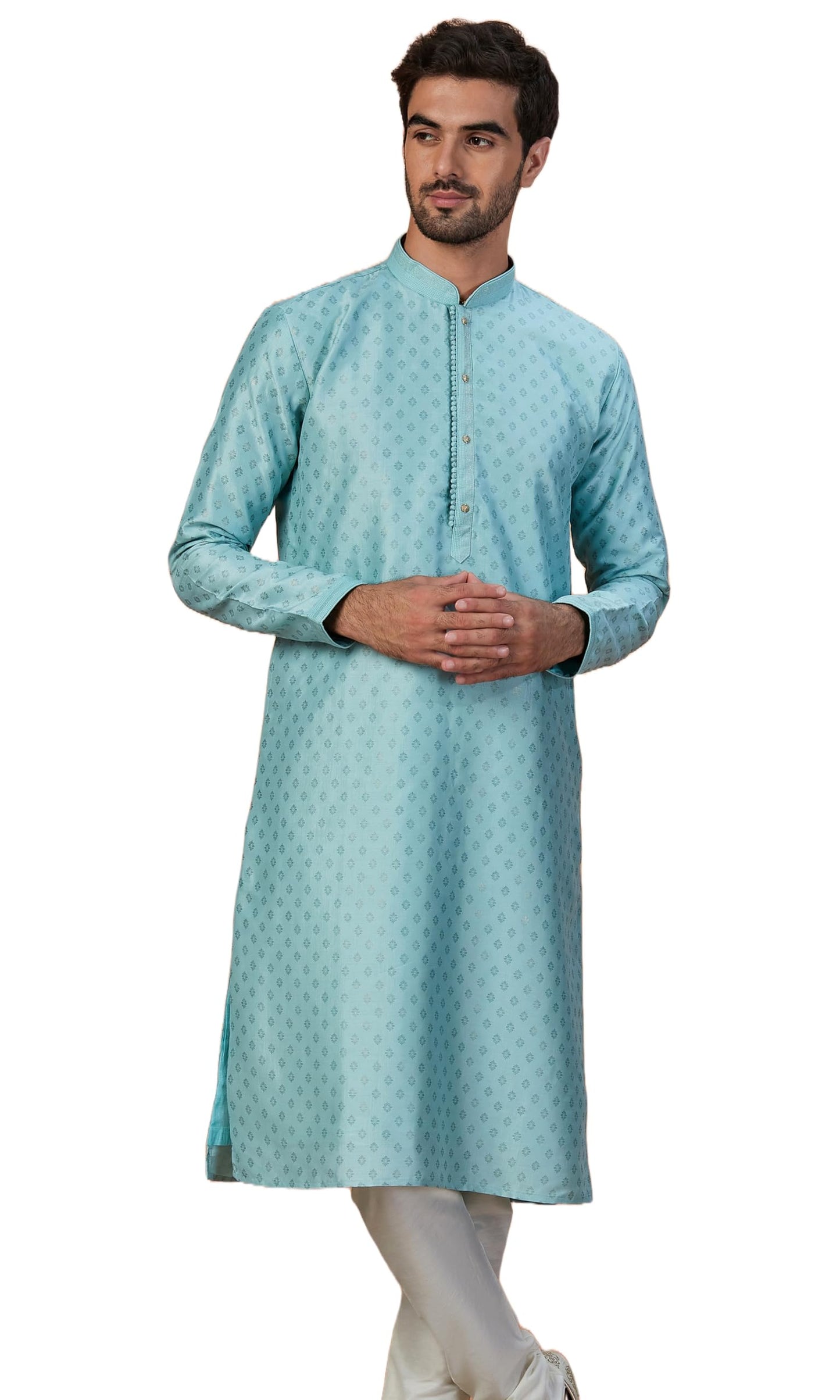 Manyavar Men's Sea Green Kurta Pajama With Golden Motifs (2pcs) (Aqua Green,S)