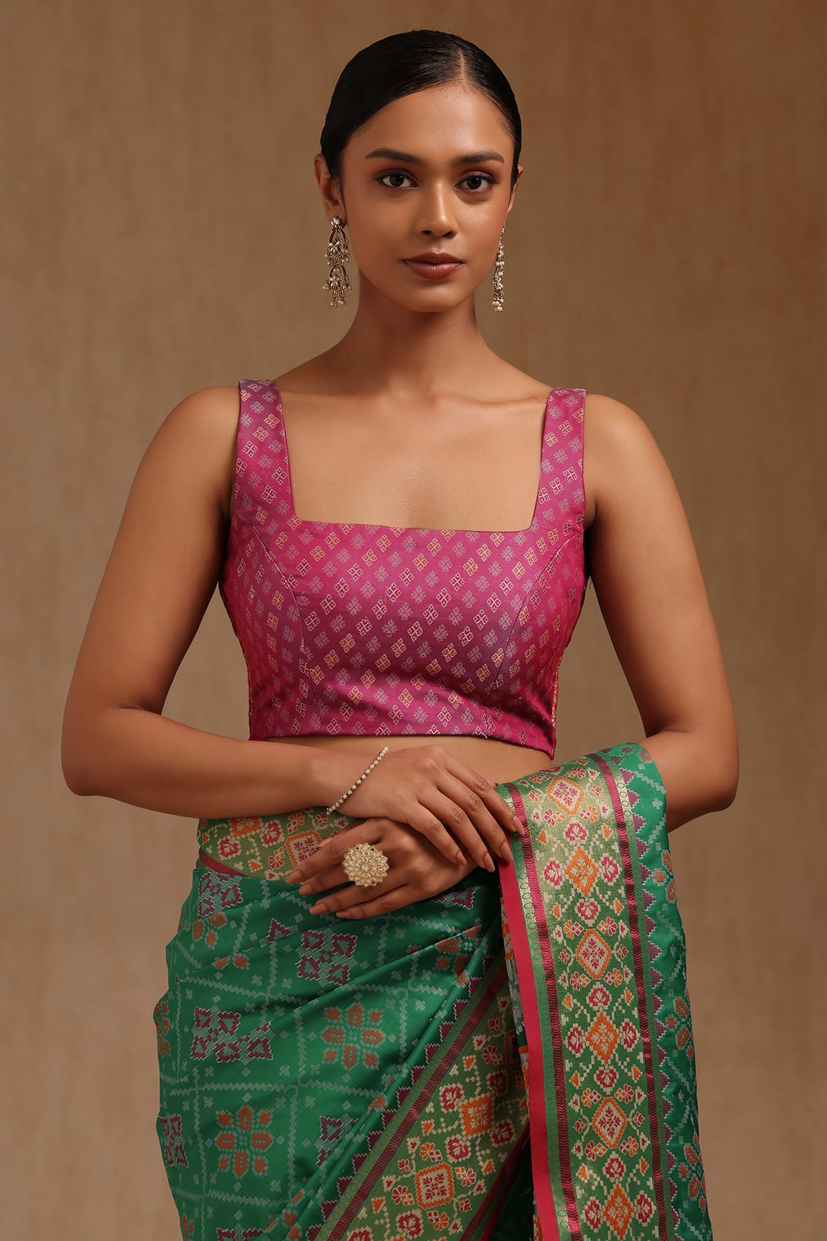 Soch Womens Green Silk Patola Print Saree