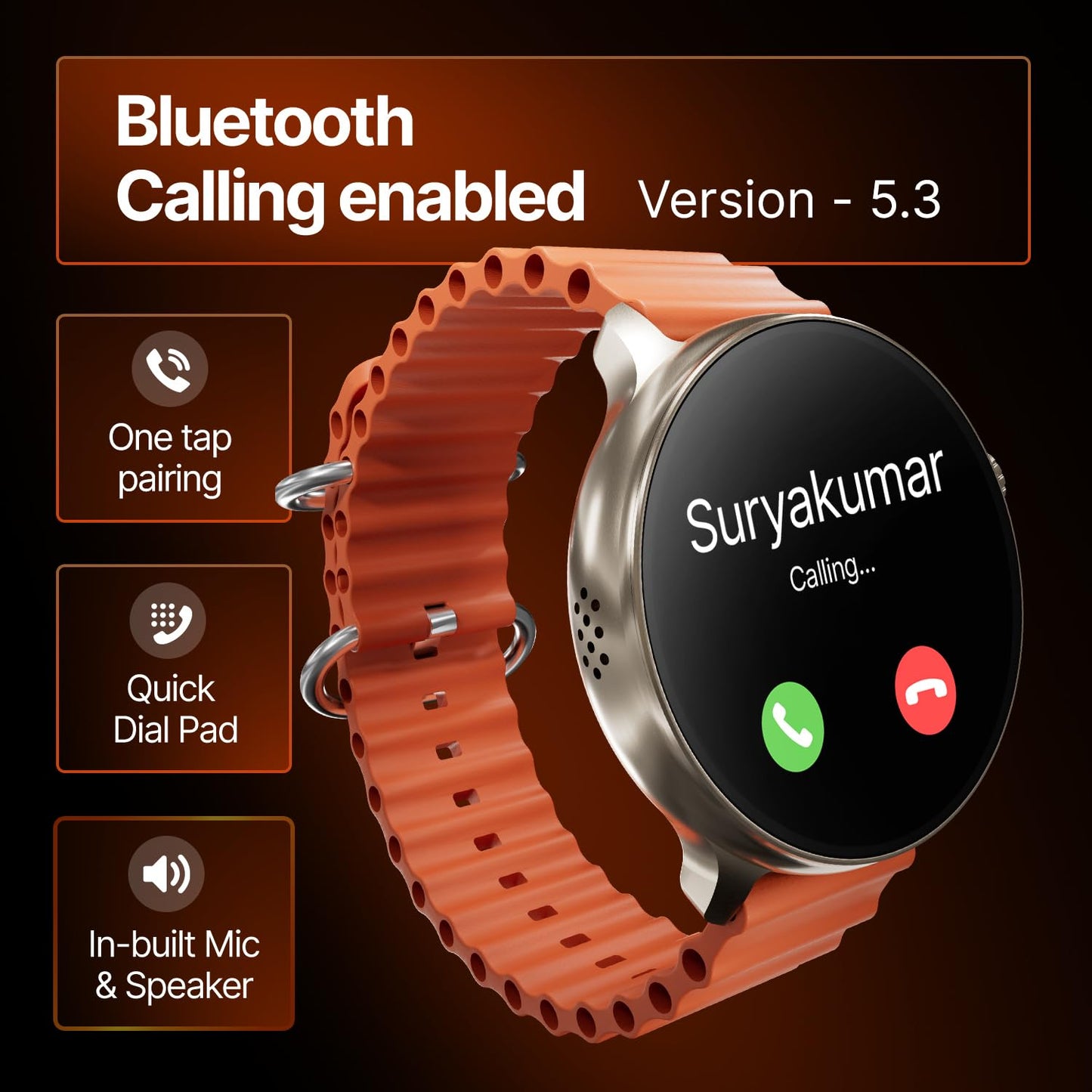 (Refurbished) CrossBeats Aura Round 1.46" Super AMOLED Smart Watch, Always On, Advanced AI ENC Bluetooth Calling, in-Built Games, Fast Charge, Rotating Crown, 123+ Sports Modes, 454 × 454 Pixel (Gold,Orange)