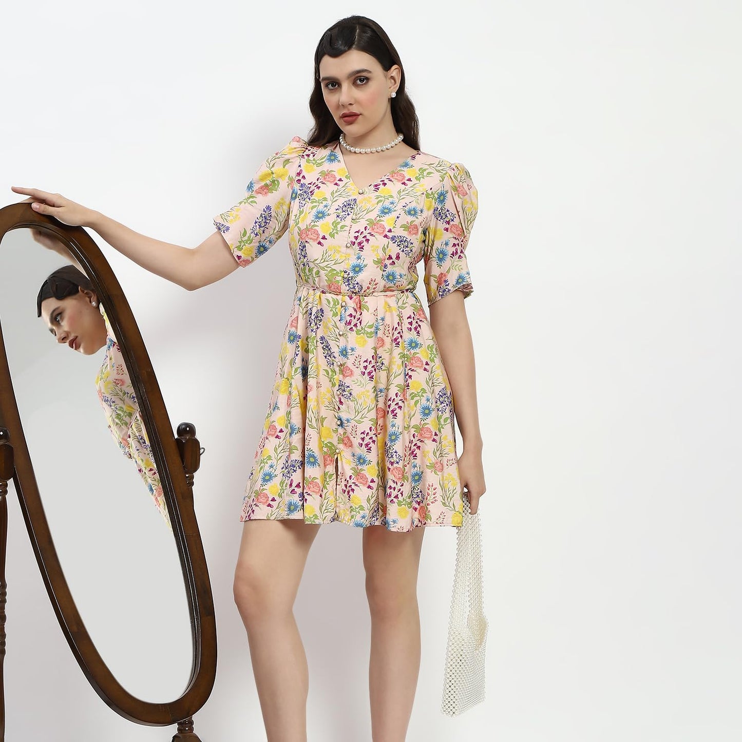 Madame Bridgerton Floral Print Waist Tie Rayon Midi Dress Off White