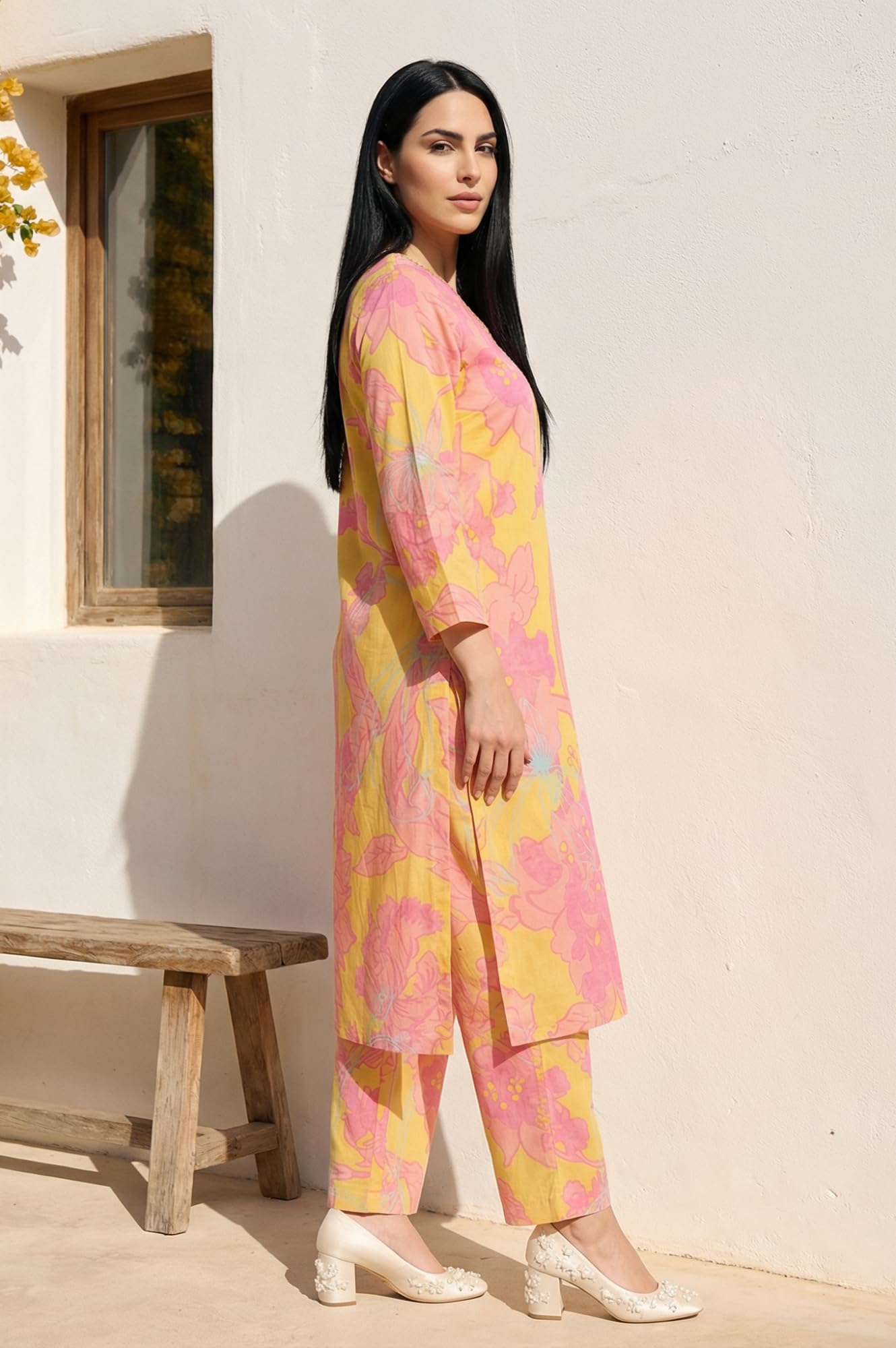 W for Woman Yellow Floral Printed Modal Straight Kurta with Straight Pant Set - (WS13917-127647-XL)