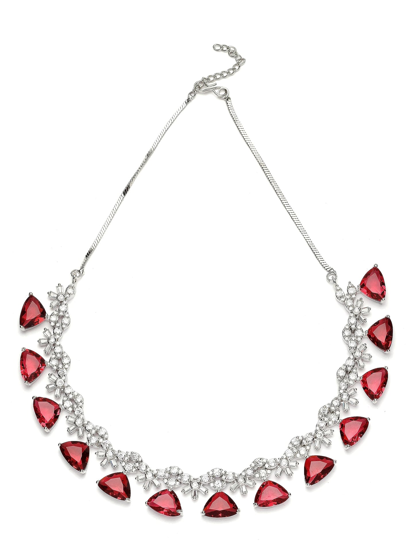 Karatcart Silver Tone Red Triangular Shape American Diamond Necklace Set for Women