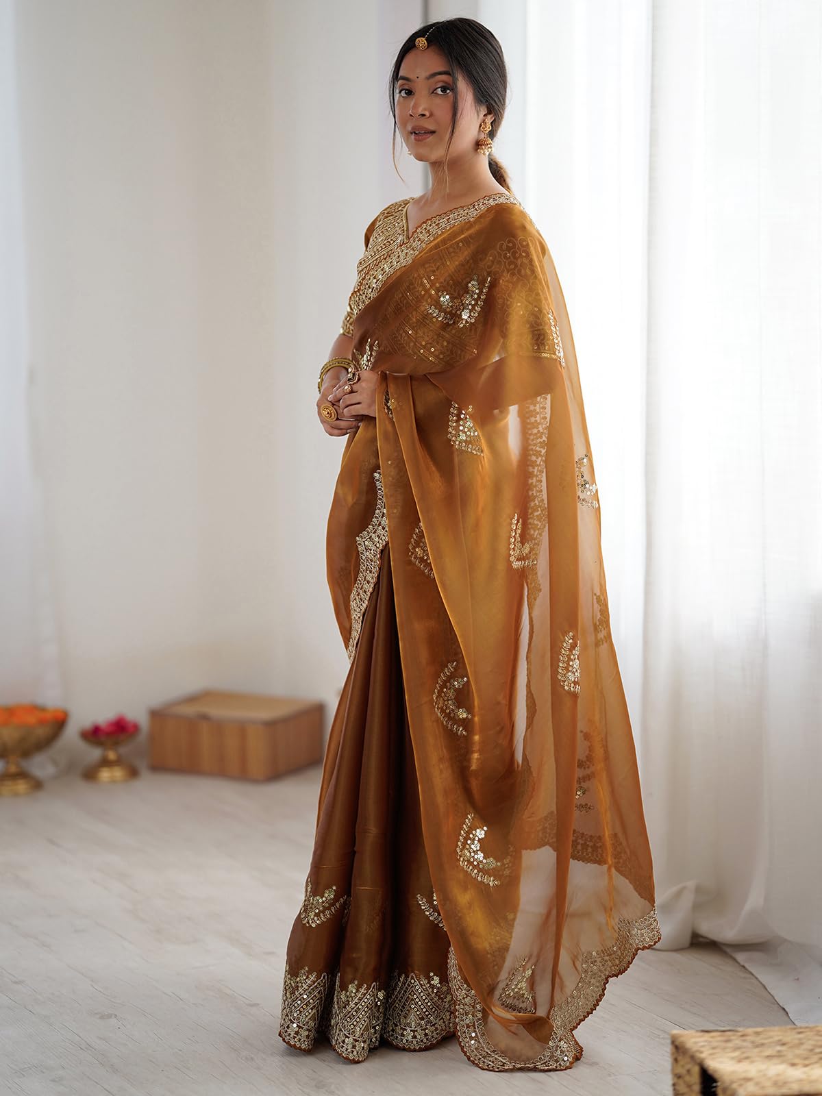 Satrani Women's Tissue Silk Scalloped Border Sequins Embroidery Saree with Unstitched Blouse Piece (4218S6642N_Copper5)