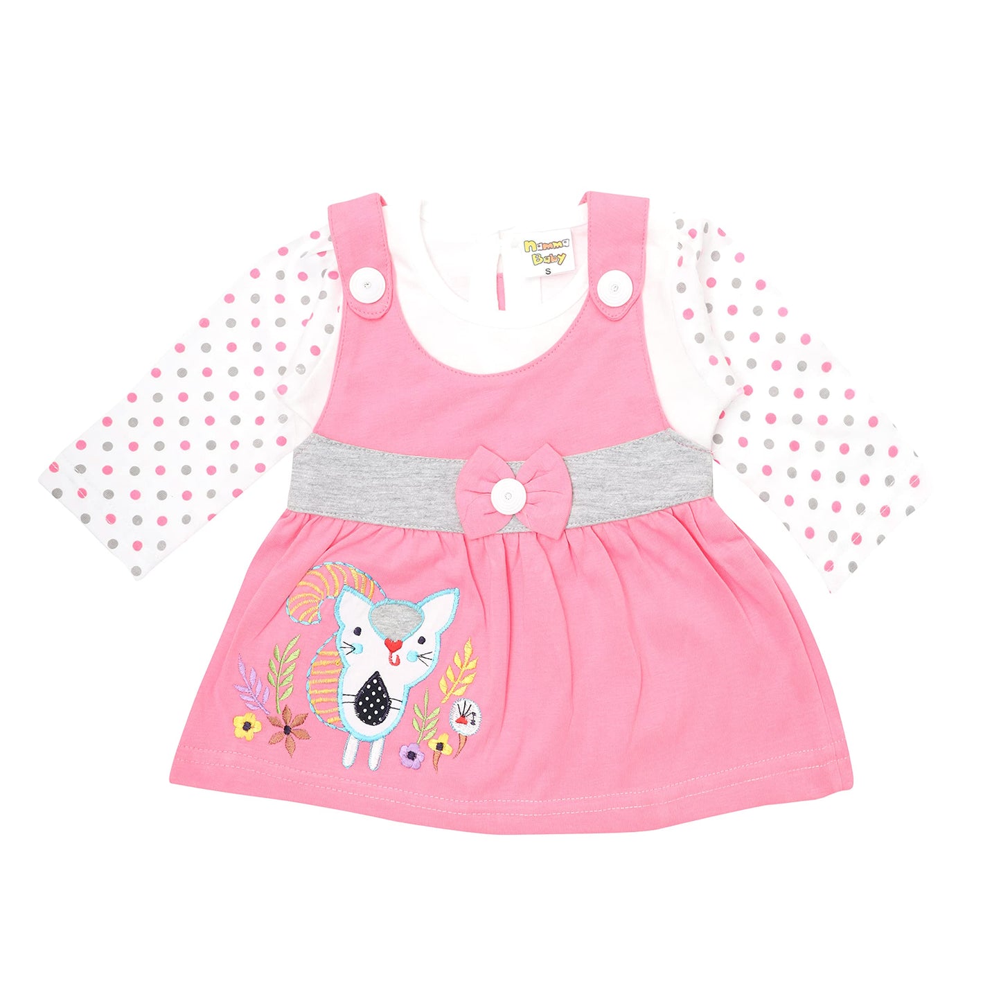 NammaBaby Premium Baby Girls Full Sleeves Frock with Pant Baby Girl's Cotton Frock with Leggings, Capriset- Pack of 1 (Pink, 6-12 Months)
