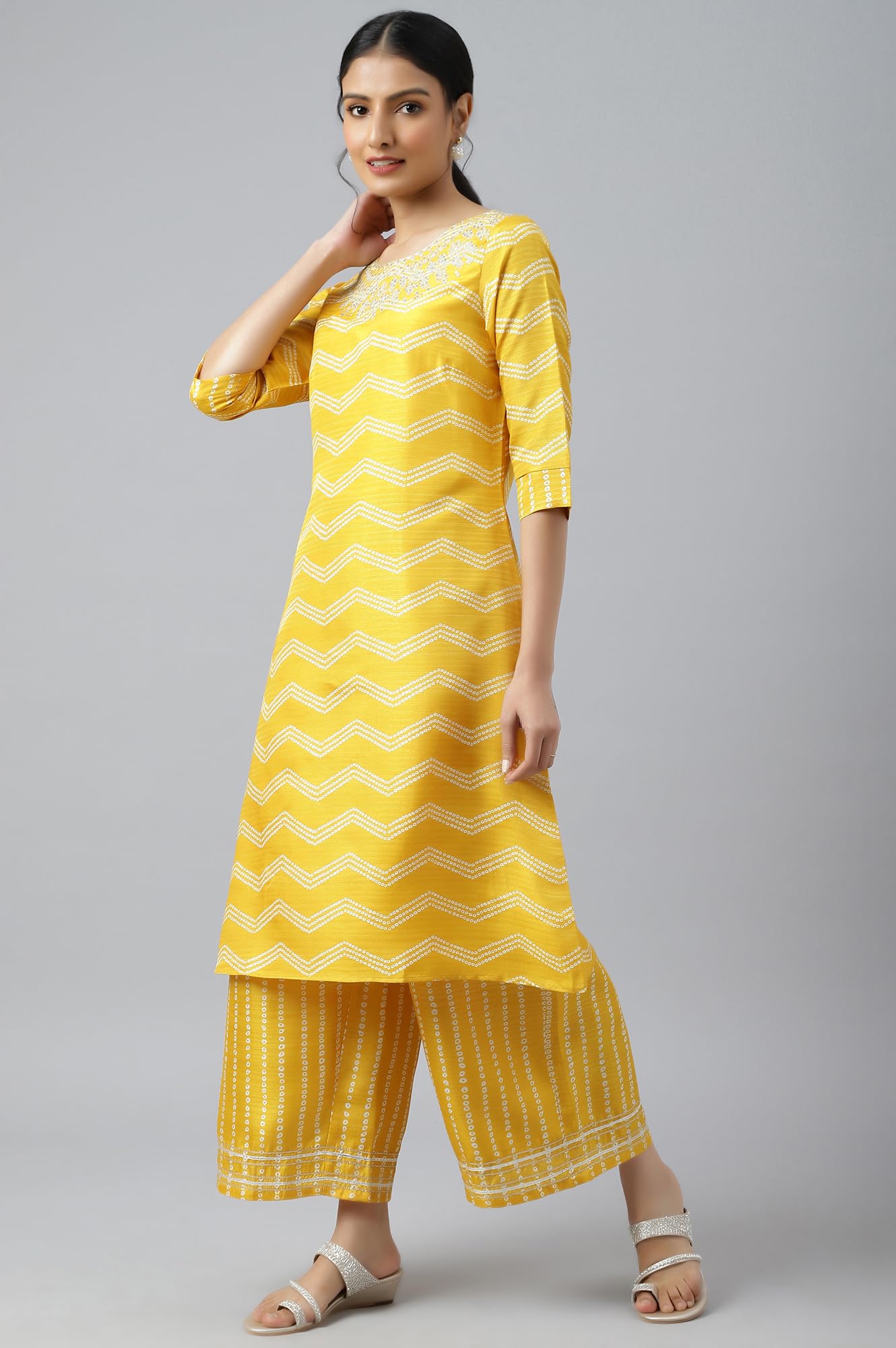 W Women's Silk Kurta and Trouser Set (22AUWS18282-119632_Marigold Yellow_M)