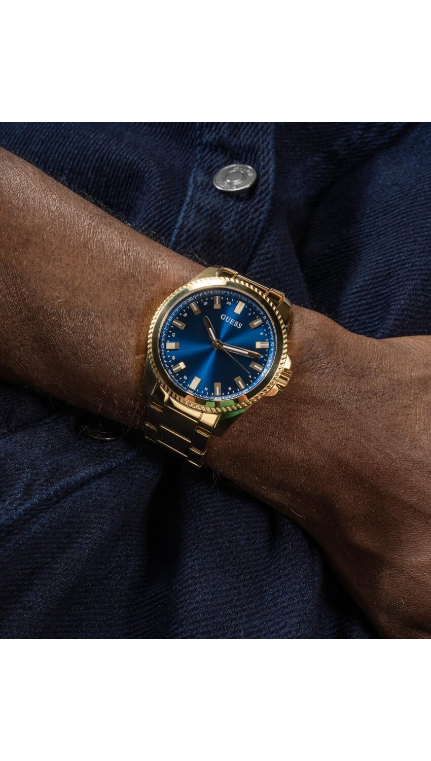 GUESS Stainless Steel Analog Blue Dial Men's Watch-Gw0718G2, Band Color-Gold