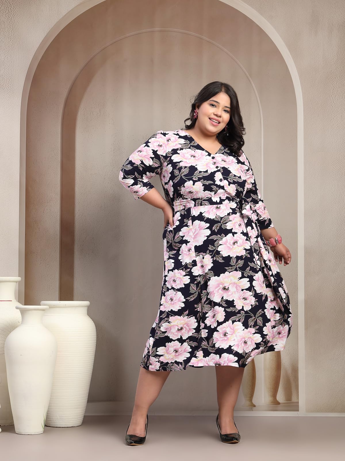 Women Plus Size Floral Print Puff Sleeve Maxi Dress (LDR20244-NAVYPINKFLORAL-6XL)