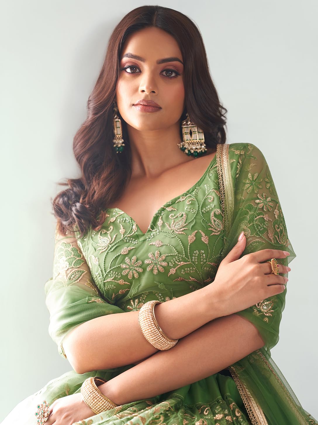 Zeel Clothing Women's Cotton Thread Sequins Work Embroidery Soft Net Readymade Lehenga Choli With Dupatta (Nfh-2205-Pista-Green-Women-Lehenga Choli Set Latest; Free Size)