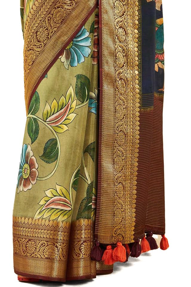 Soch Womens Olive Crepe Saree With Floral Kalamkari Print And Zari Borders