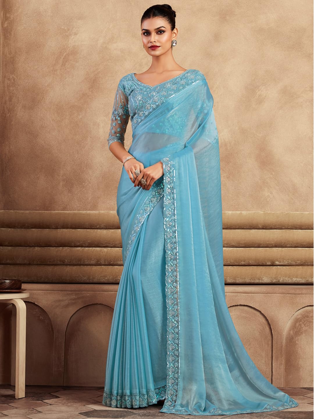 AKHILAM Women's Light Blue Chiffon Sequins Embellished Saree with Unstitched Blouse Piece (SRVATN7902_TFH)