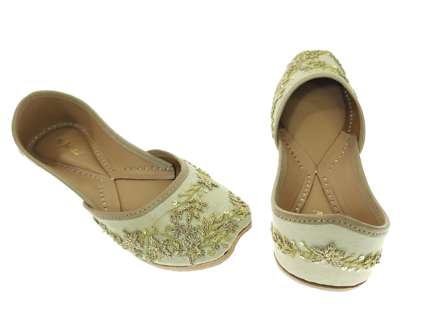 Fulkari Women's Paradise Beige Gold Soft Leather Embroidered Jutis | Bite and Pinch Free Jutti | Punjabi Formal Juttis | Girl's Wedding Flat Ladies Mojari | Formal Ethnic Juti | 42