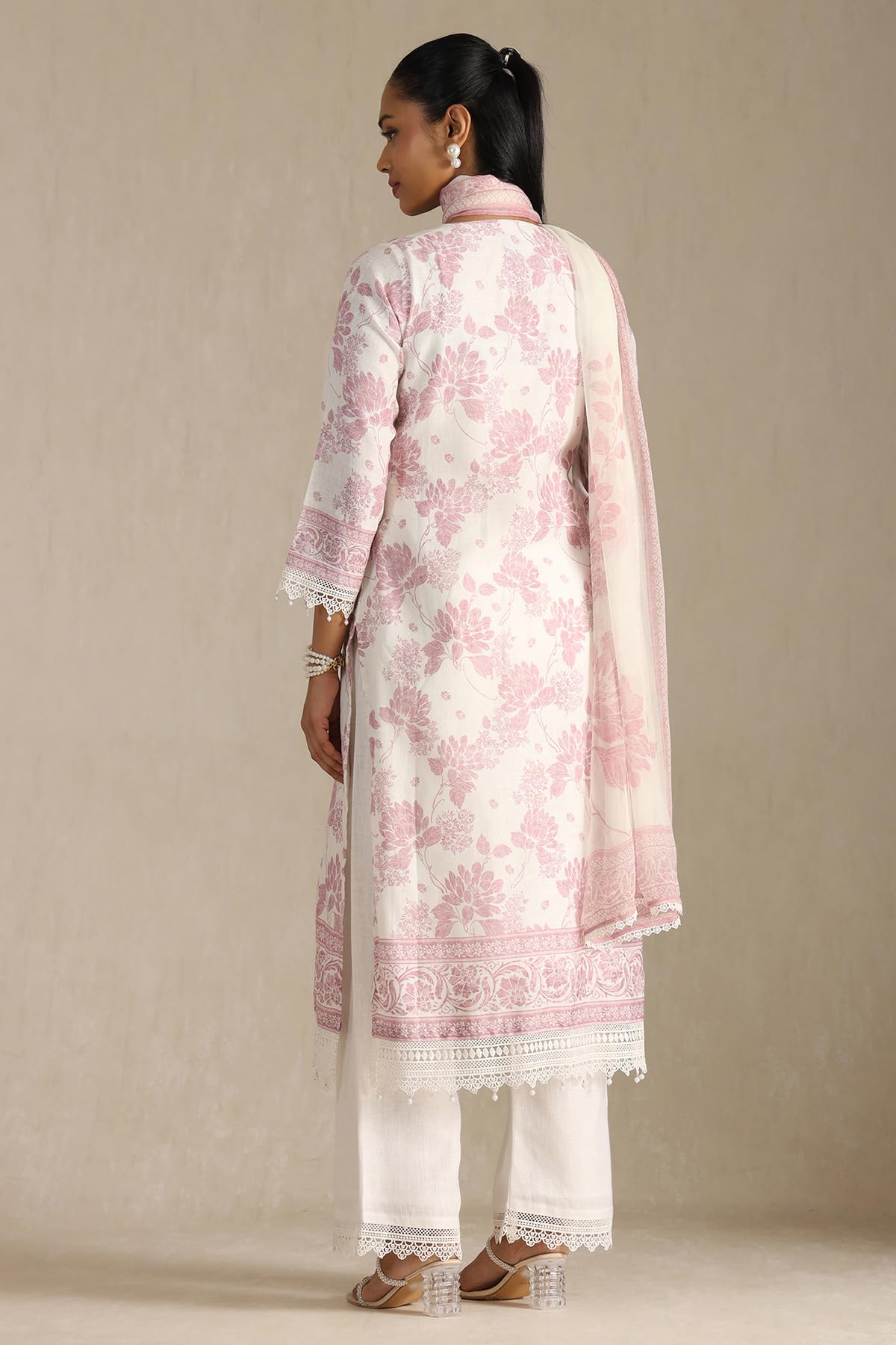 Soch Womens Off White Linen Floral Print Suit Set With Sequins