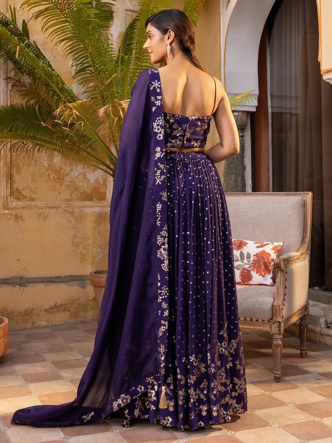 Zeel Clothing Women's Sequins and Thread Embroidered Work Georgette Lehenga Choli With Dupatta (6015-Purple-Women-Lehenga-Choli; Free size)
