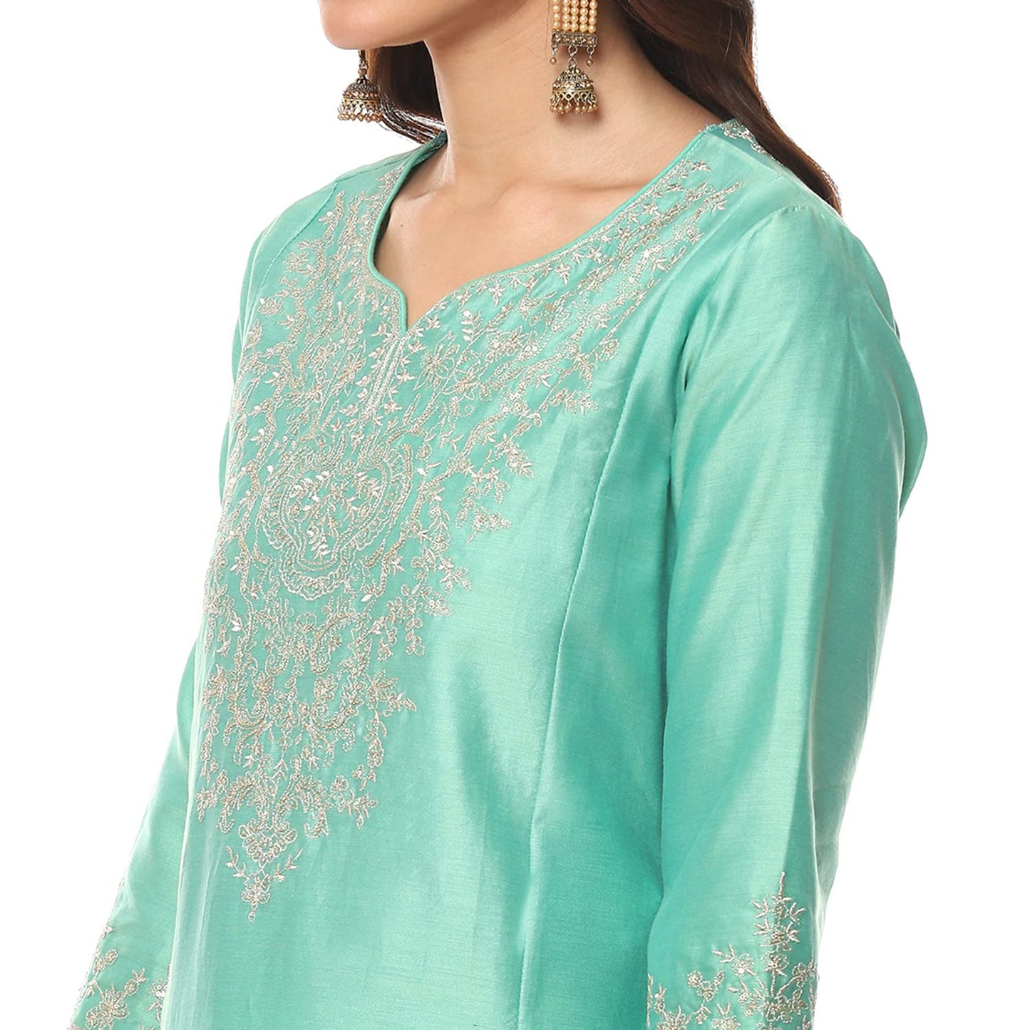 BIBA Women's Ethnic Sea Green Cotton Kurta Suit Set (Size_3XL)