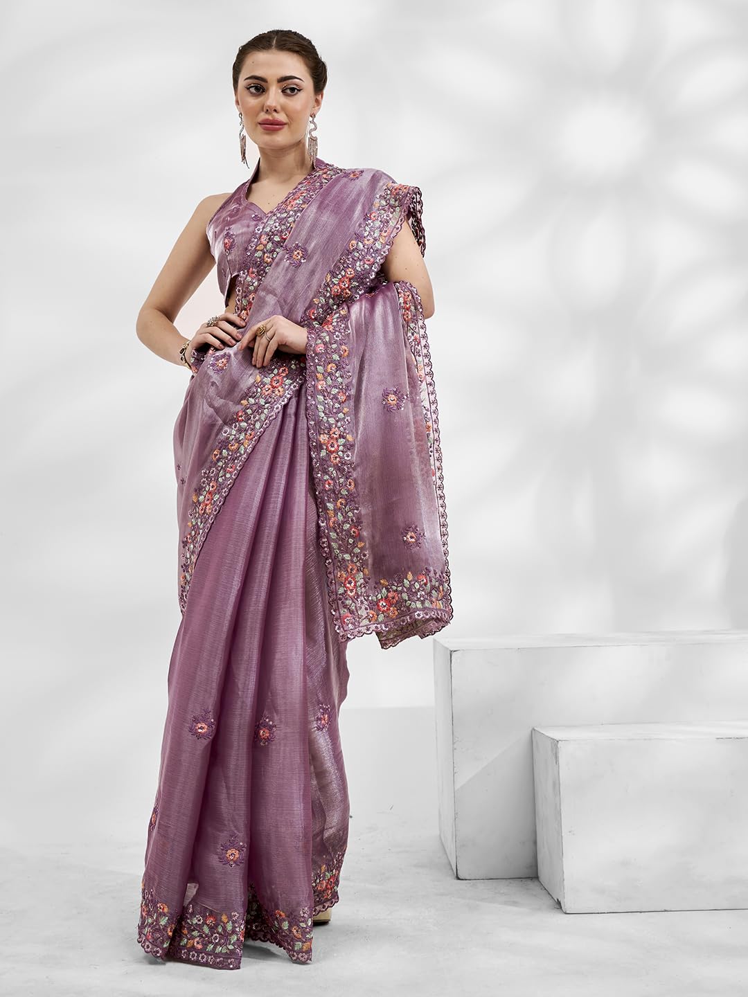 ORHANS Women's Tissu Thread Embroidered Work Saree With Art Silk Matching Unstitched Blouse Piece
