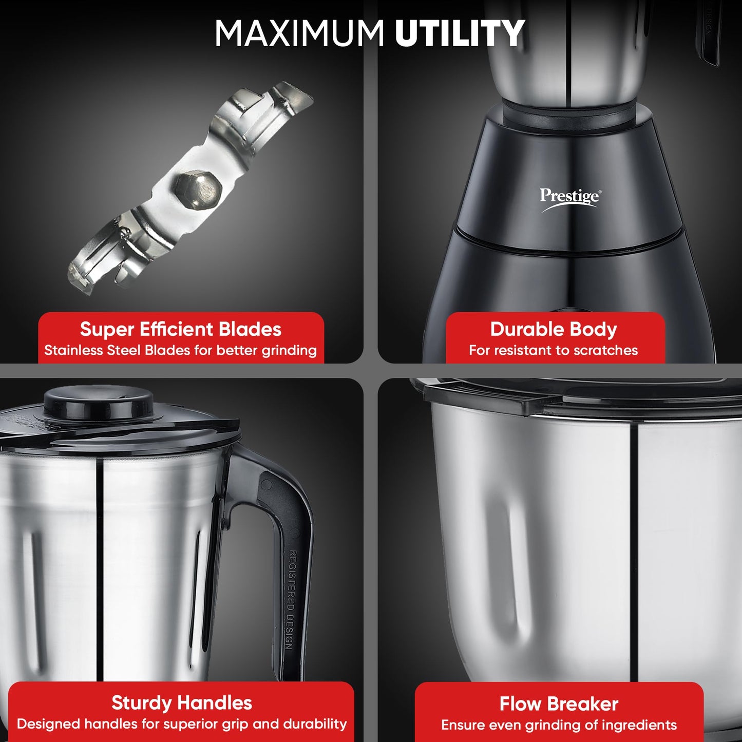 Prestige 500 Watts Apex Mixer Grinder with 3 Stainless Steel Jars|3 Super Efficient Blades|Sturdy Handles|Black|
