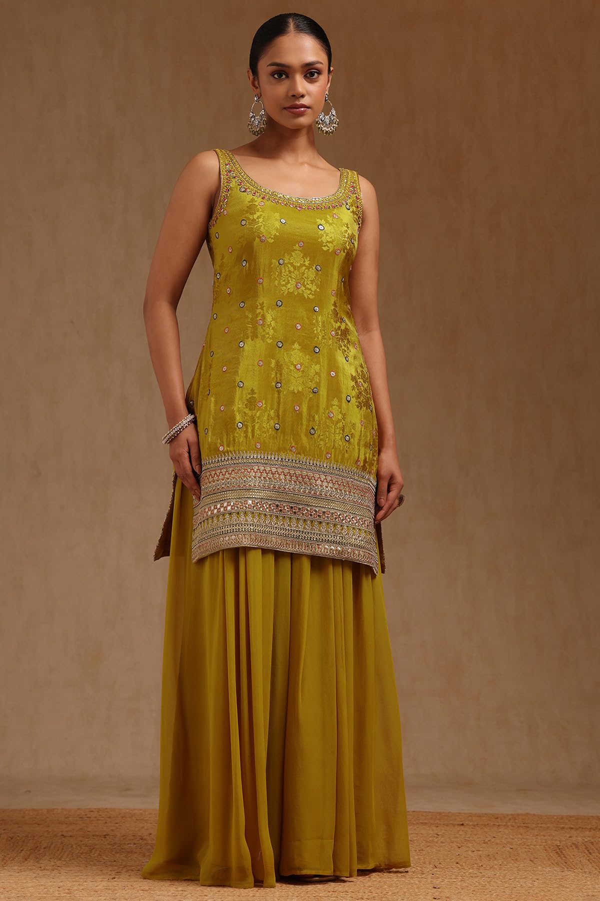 Soch Womens Mustard Tissue Embroidered Salwar Suit With Mirror Work