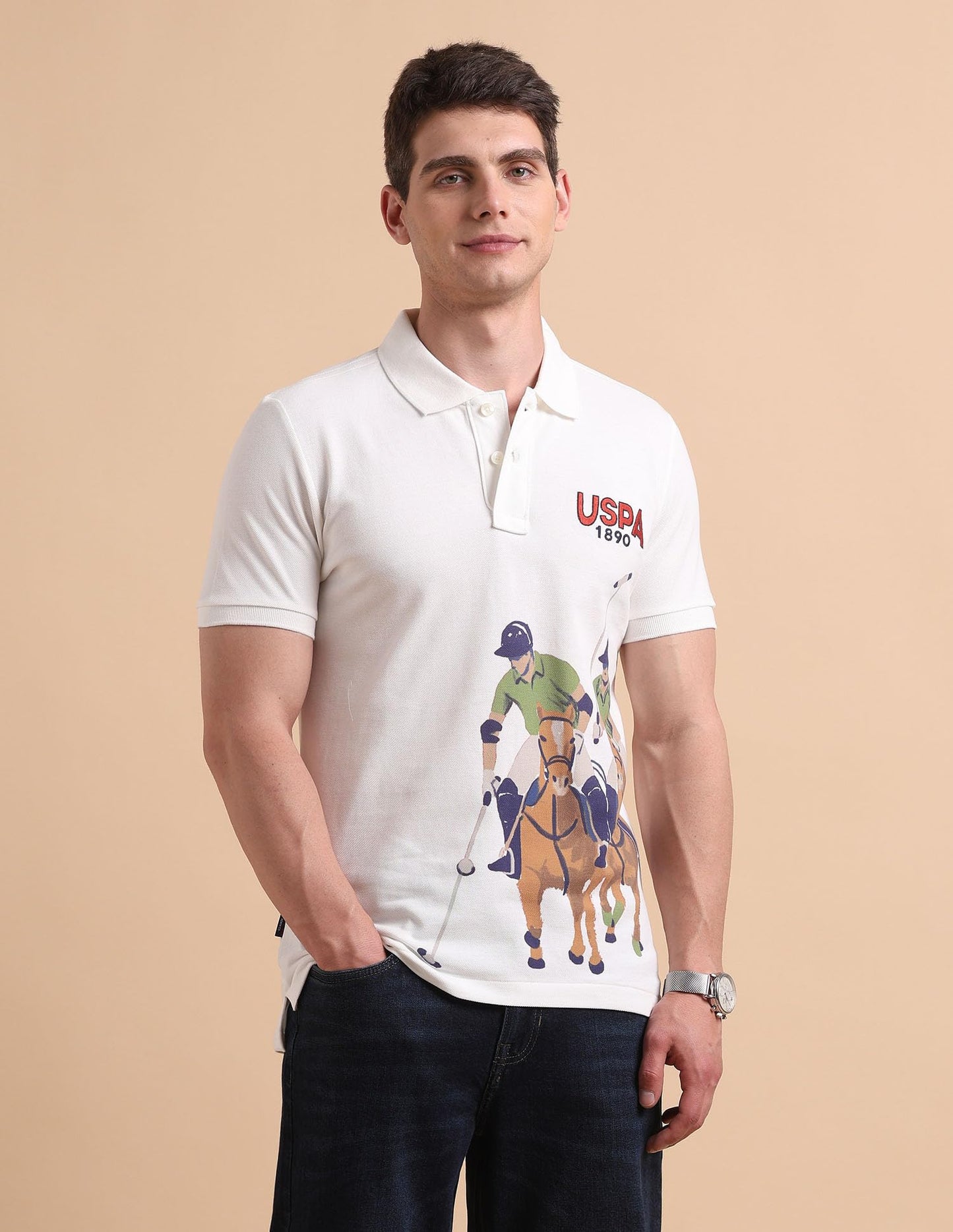 U.S. Polo Assn. Denim Co. Men's Brand Printed Pure Cotton Polo Shirt Ivory