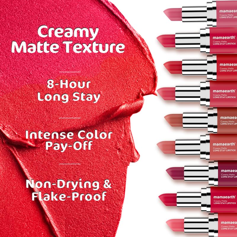 Mamaearth Creamy Matte Long Stay Lipstick with Murumuru Butter and Vitamin E for 8-Hour Long Stay (Flakeproof & Non-Drying | Intense Color Payoff) - 4.2g (Rose Nude)