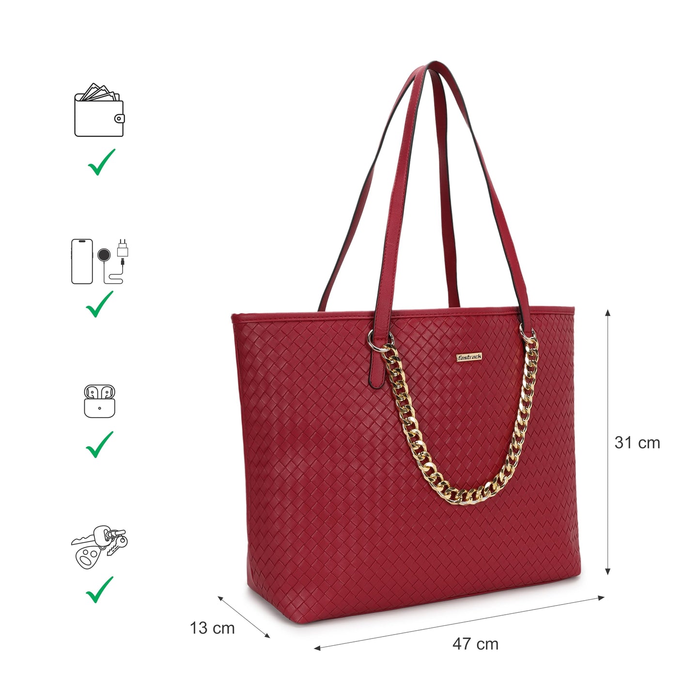 Fastrack Textured Oversized Structured Tote Bag for Women, Girls and Ladies | with a Unique Gold Metal Chain Accent | Totes for Casual Carry | With Spacious Zipper Compartment