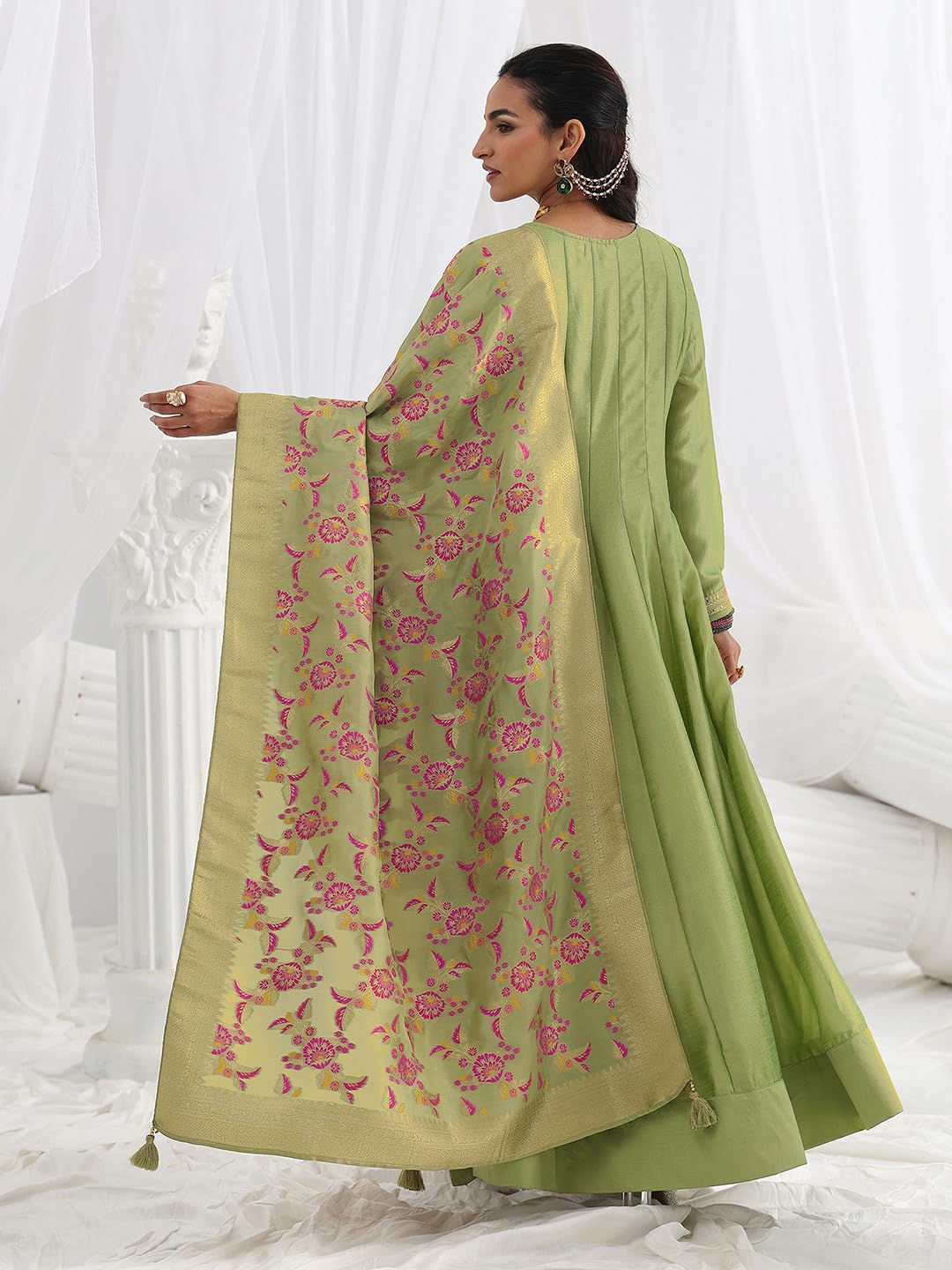 Libas Embroidered Silk Blend A-Line Ethnic Dress with Dupatta-93632L